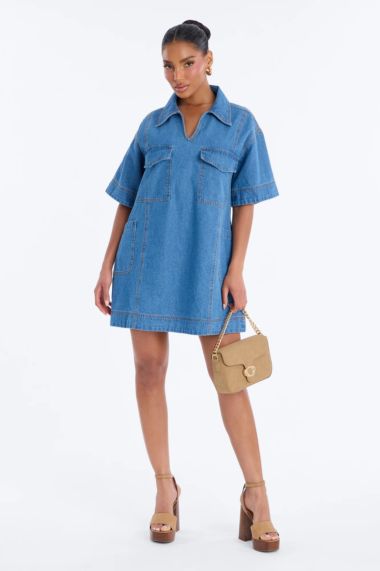 Solana Short Sleeve Denim Mini Dress - Medium Wash - Image 2