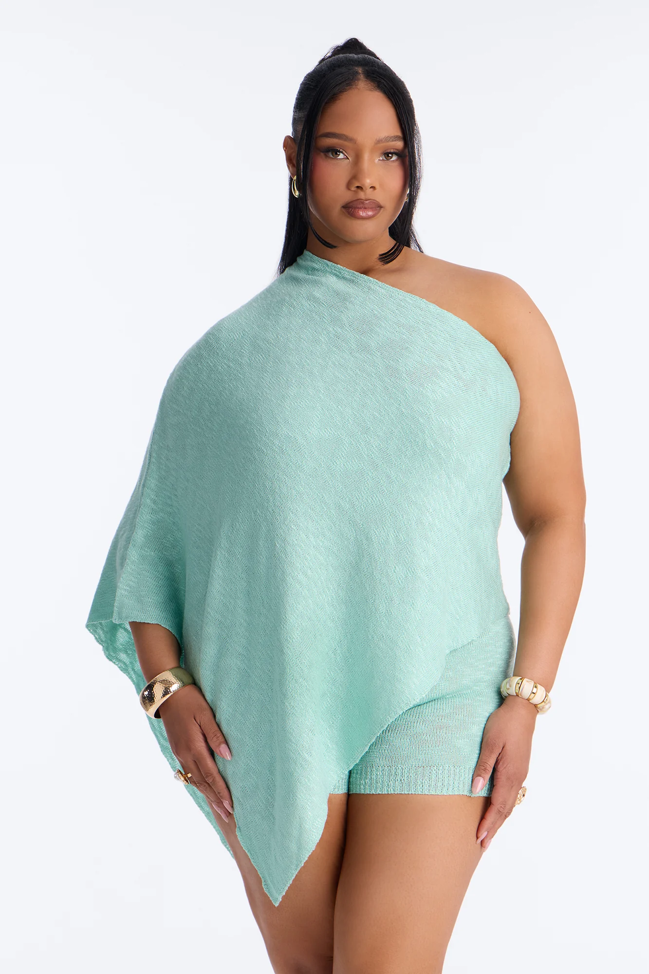 Solia One Shoulder Sweater Knit Short Set - Aqua - Image 5