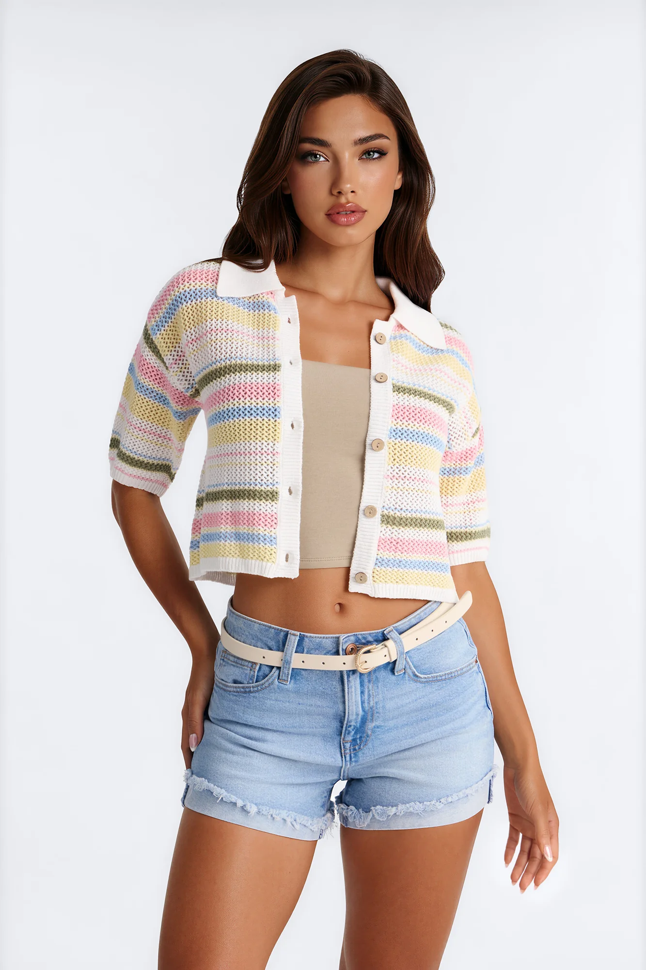 Solvita Striped Button Front Collared Crochet Top - Multi Color