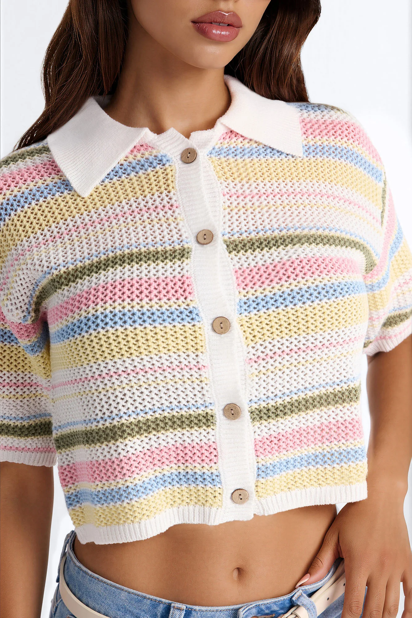 Solvita Striped Button Front Collared Crochet Top - Multi Color - Image 3