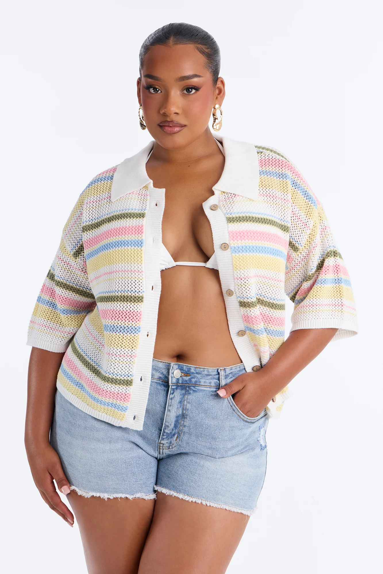 Solvita Striped Button Front Collared Crochet Top - Multi Color - Image 5