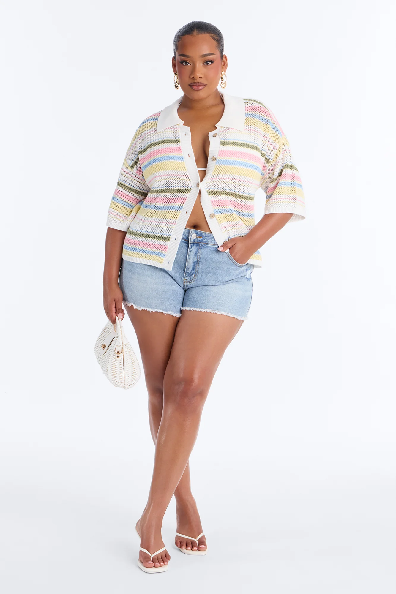 Solvita Striped Button Front Collared Crochet Top - Multi Color - Image 6