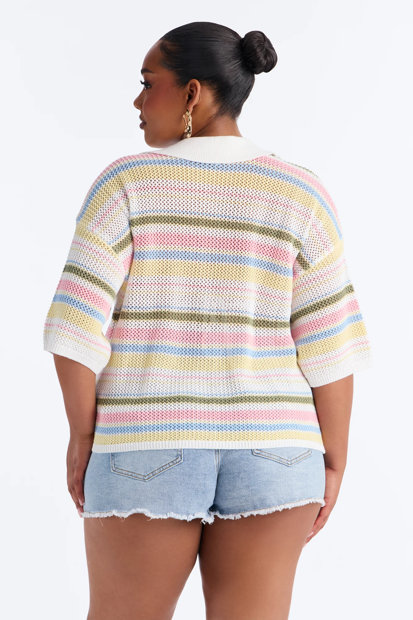 Solvita Striped Button Front Collared Crochet Top - Multi Color - Image 7