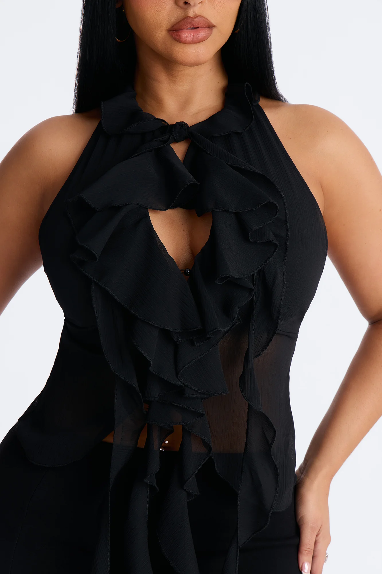 Something Sweet Ruffle Chiffon Halter Top - Black - Image 3