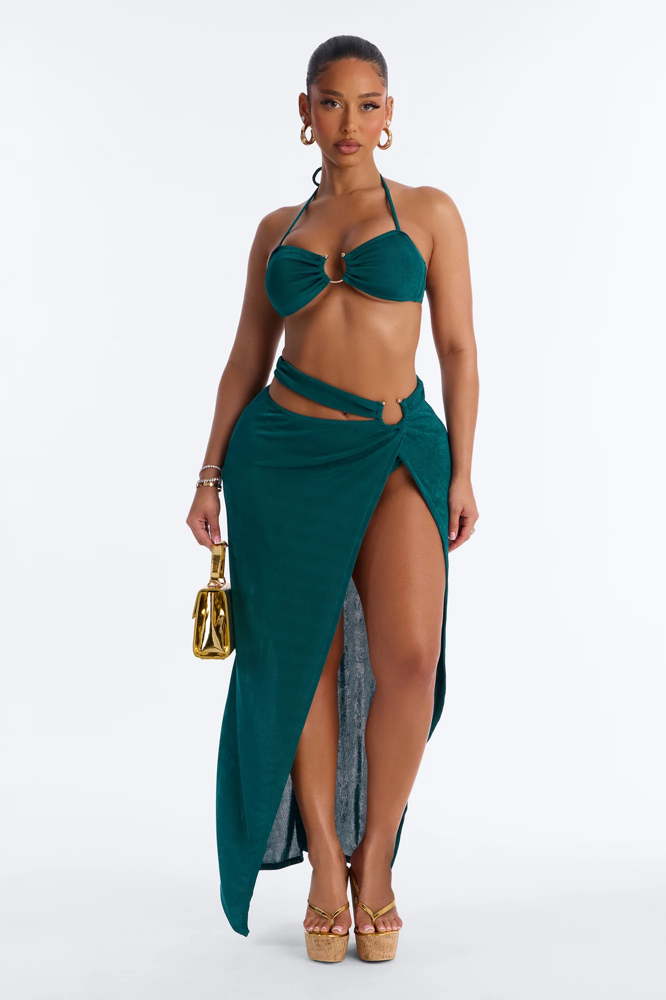 Sonia Hardware Bandeau 3 Piece Bikini Slinky Maxi Skirt Set - Green