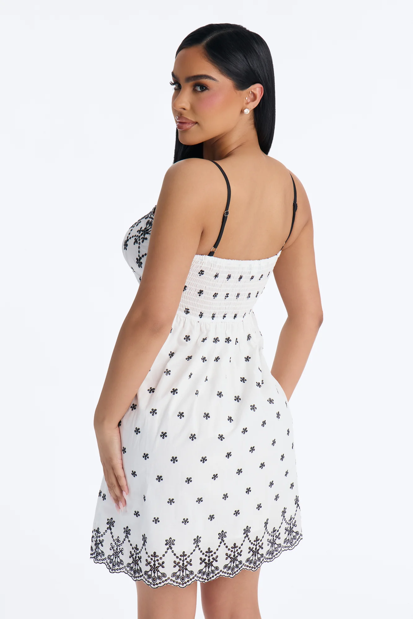 Sophia Embroidered Eyelet Babydoll Mini Dress - White/Black - Image 4
