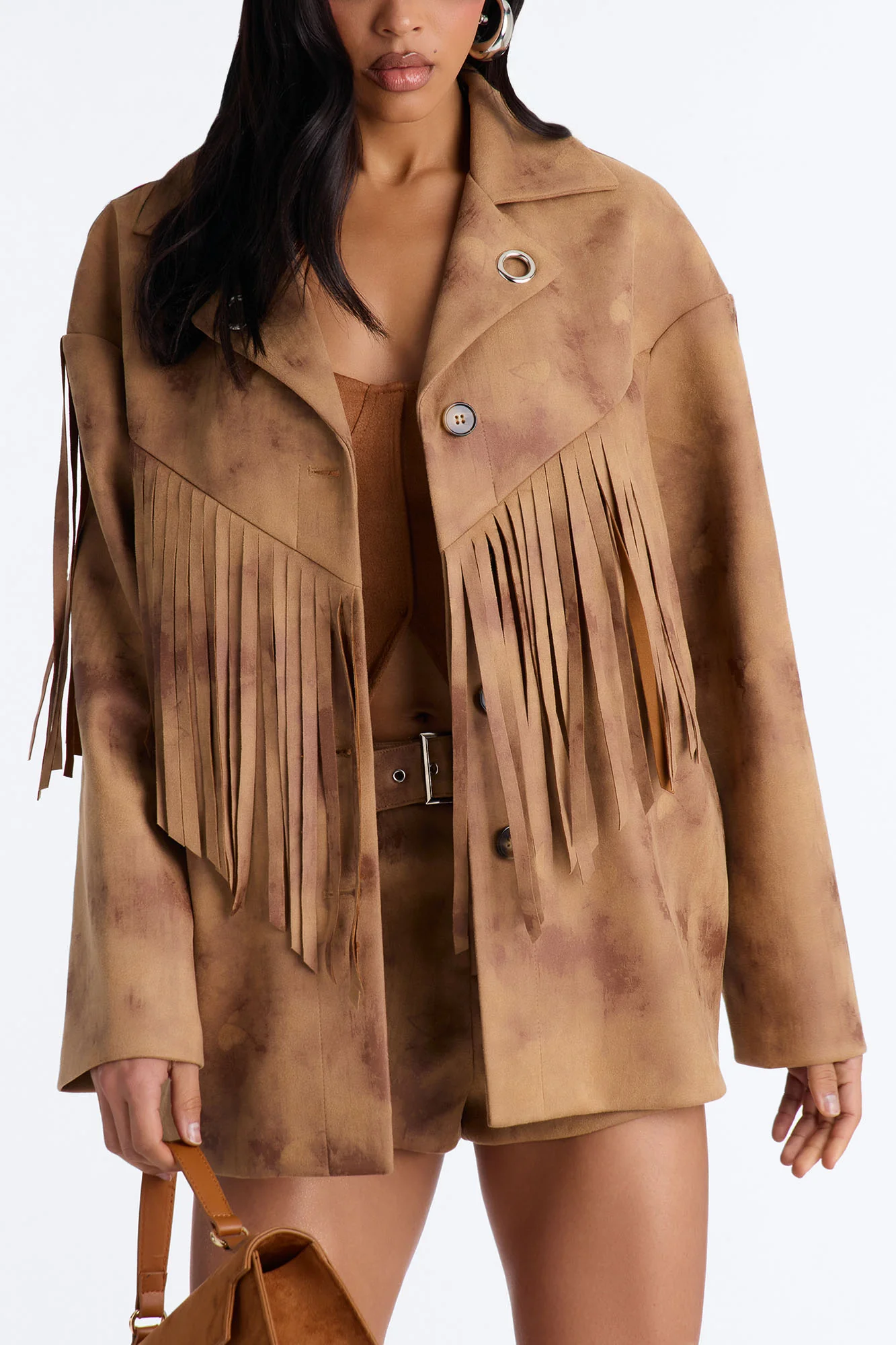 Sophia Faux Suede Belted Micro Short Set - Khaki - Image 3