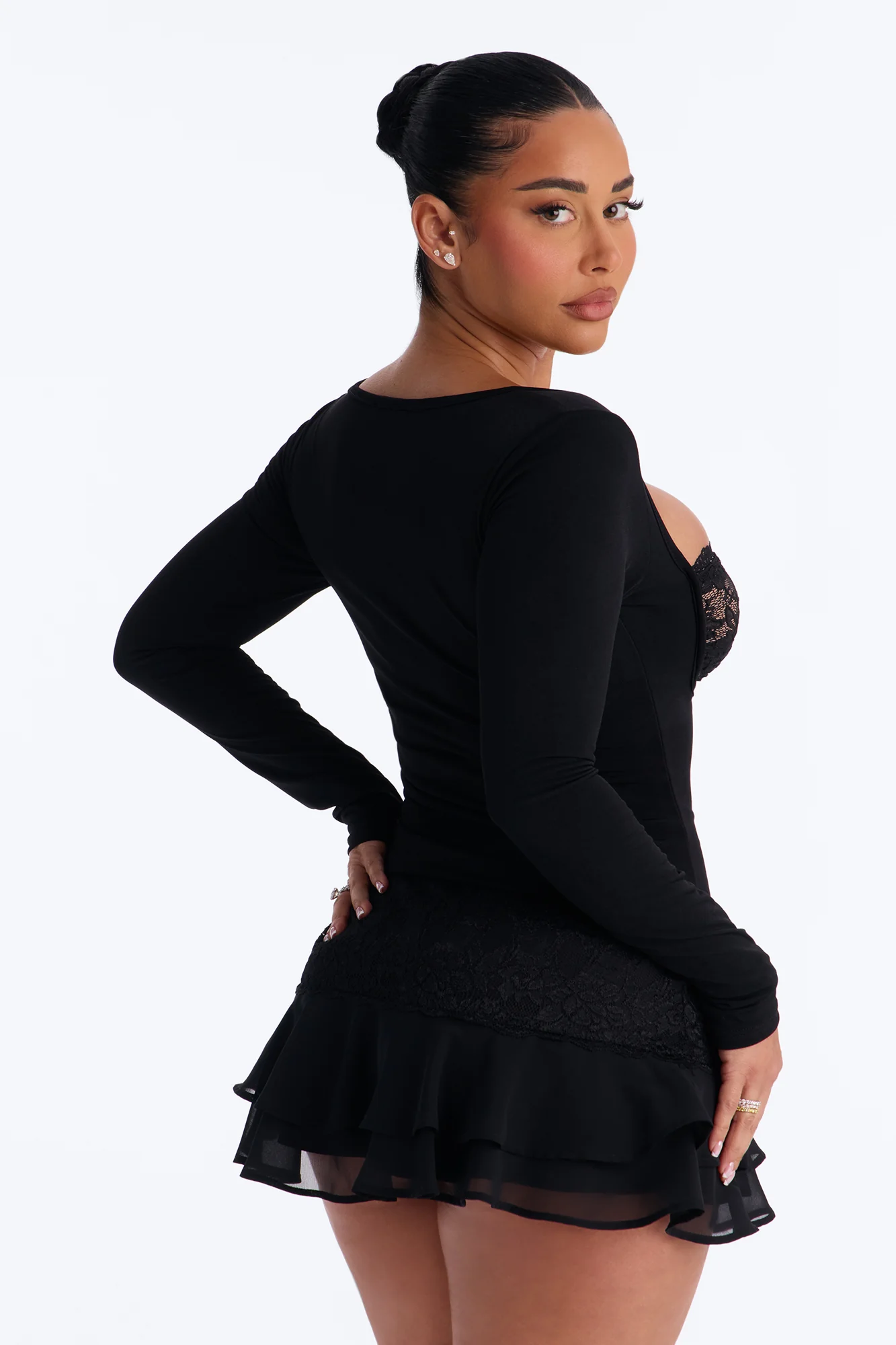 Sophie Lace Cut Out Long Sleeve Top - Black - Image 4