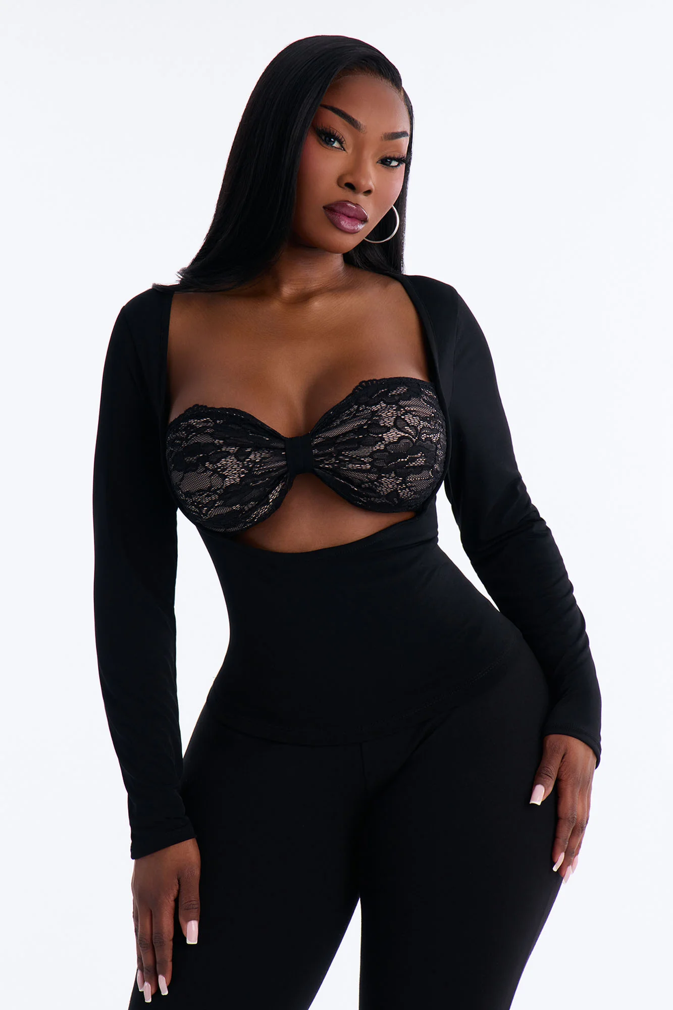 Sophie Lace Cut Out Long Sleeve Top - Black - Image 5