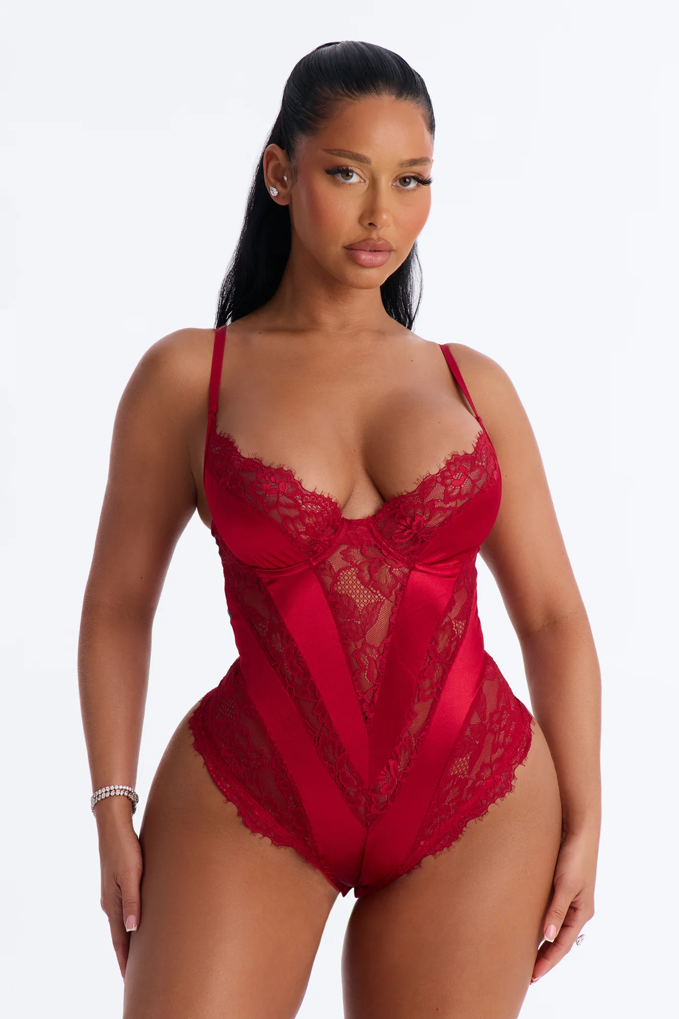 Sophie Lace Panel Underwire Thong Teddy - Wine