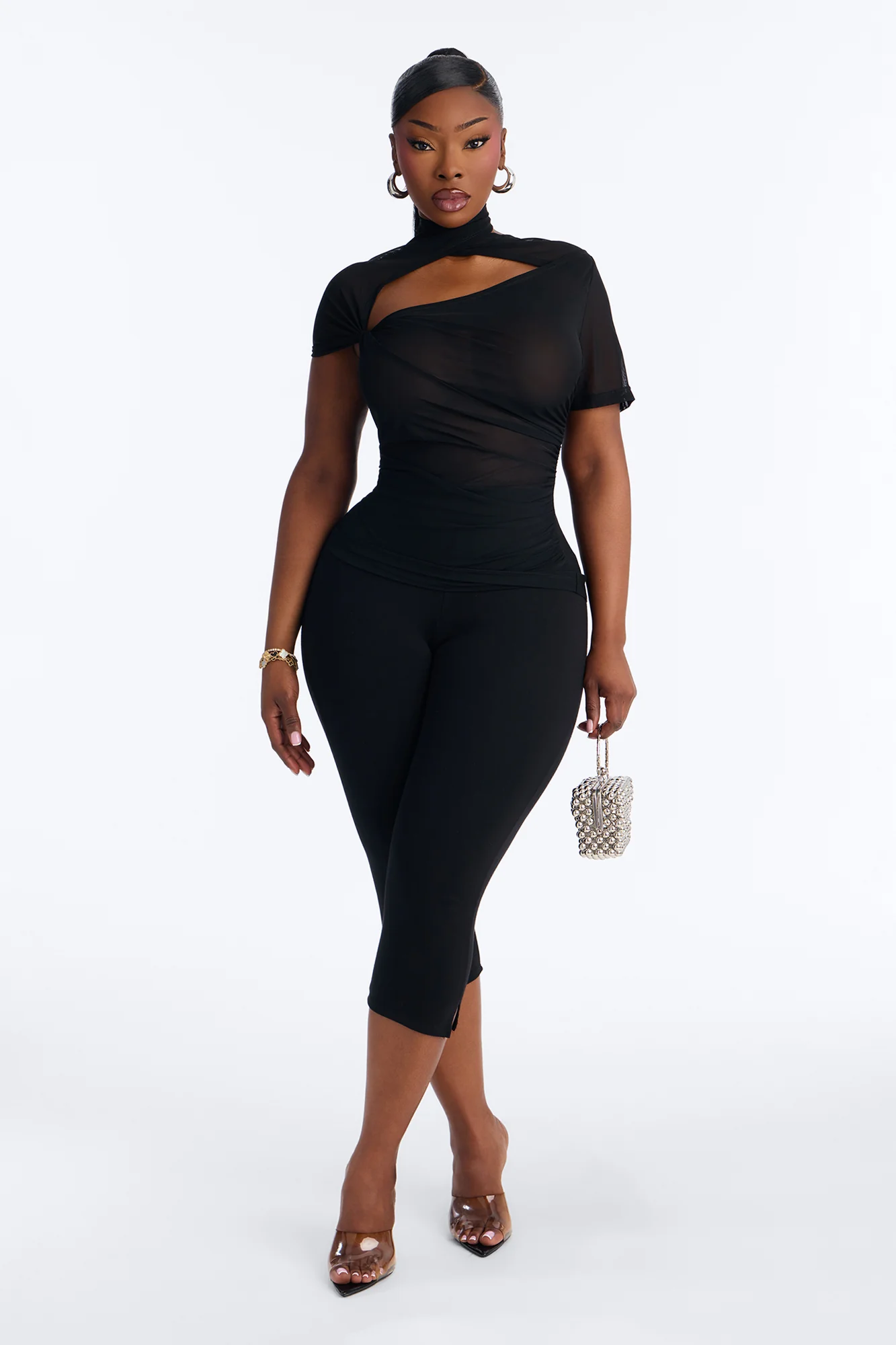 Sophie Power Mesh Twist Short Sleeve Top - Black - Image 5