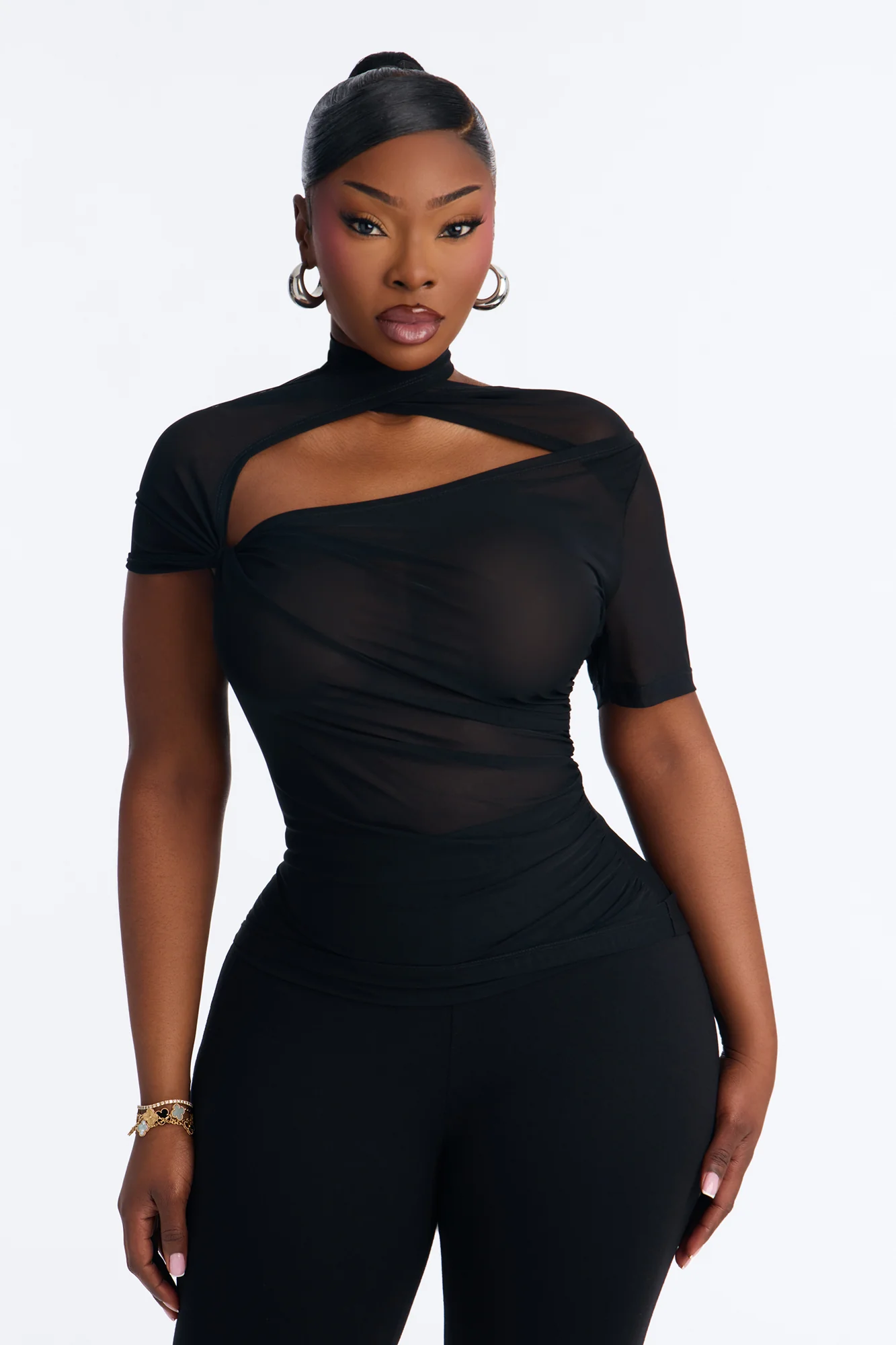 Sophie Power Mesh Twist Short Sleeve Top - Black - Image 6