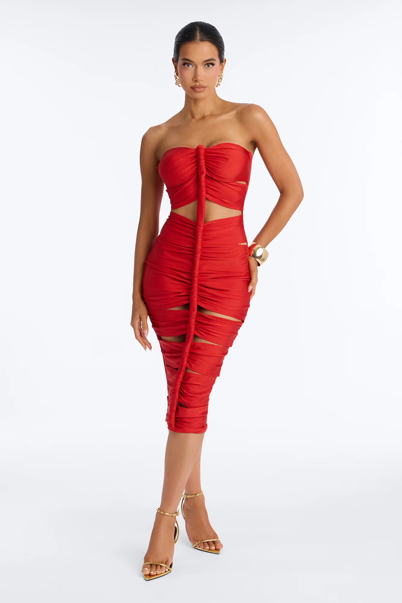 Soranda Ruched Midi Dress - Red