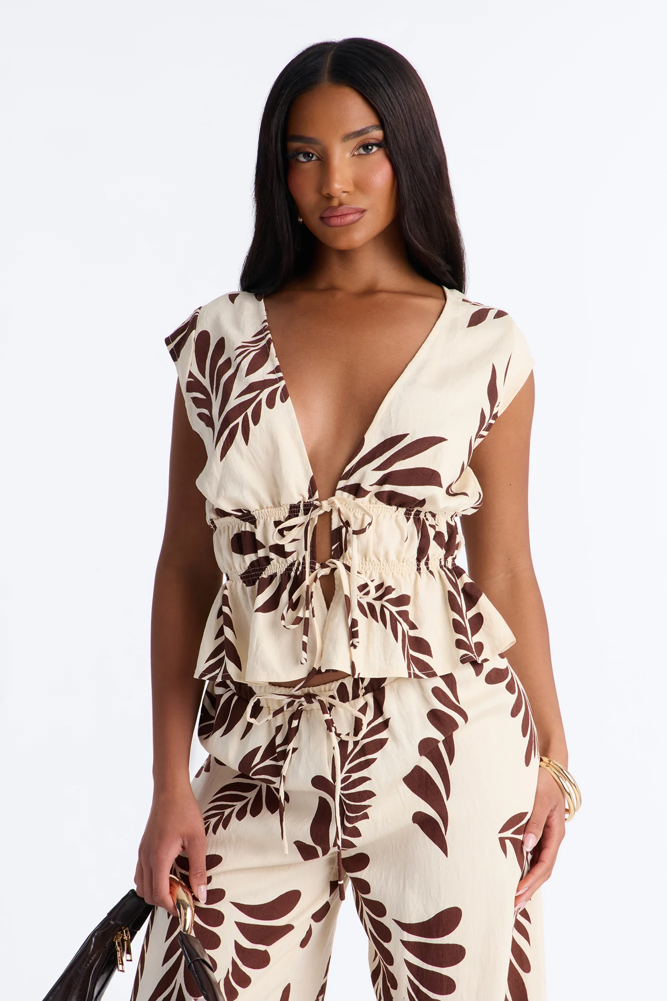 Soriana Linen Floral Pant Set - Brown Combo - Image 2