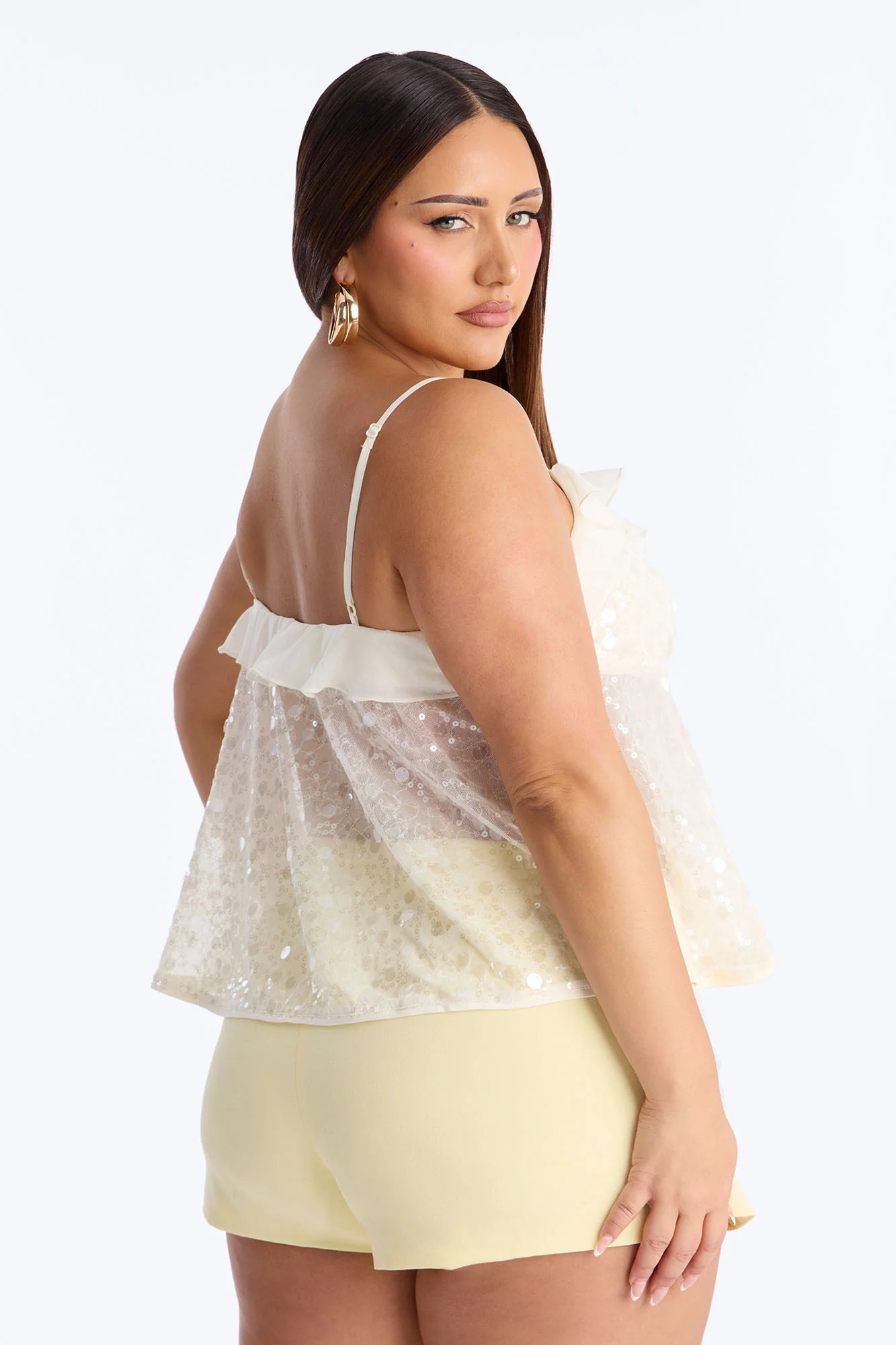 Sparkle Now Sleep Later Ruffle Sequin Flyaway Top - Cream - Image 8
