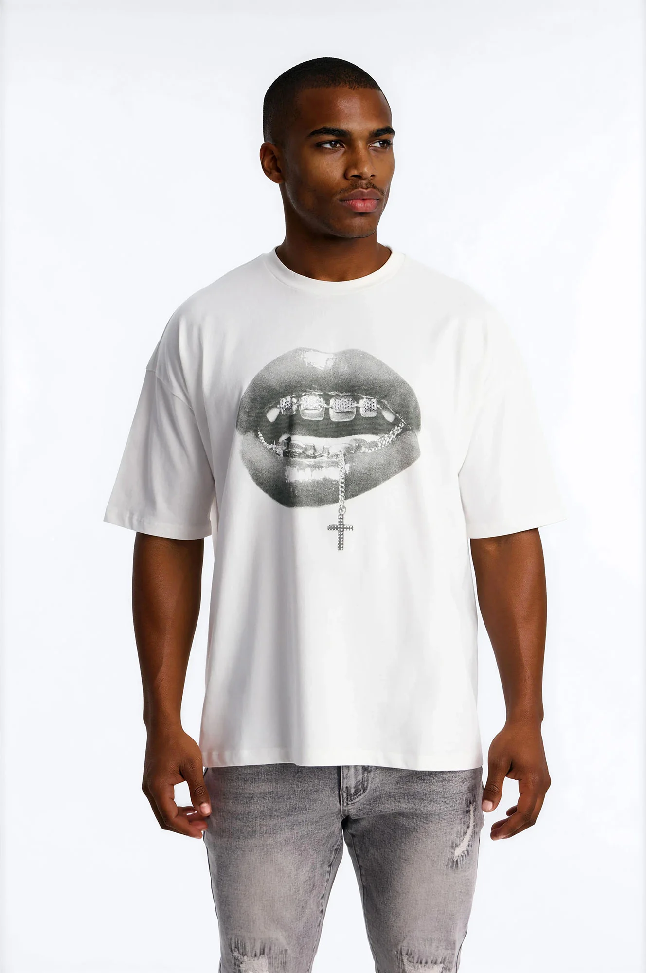 Speak On The Cross Rhinestone Oversized Short Sleeve Tee - White
