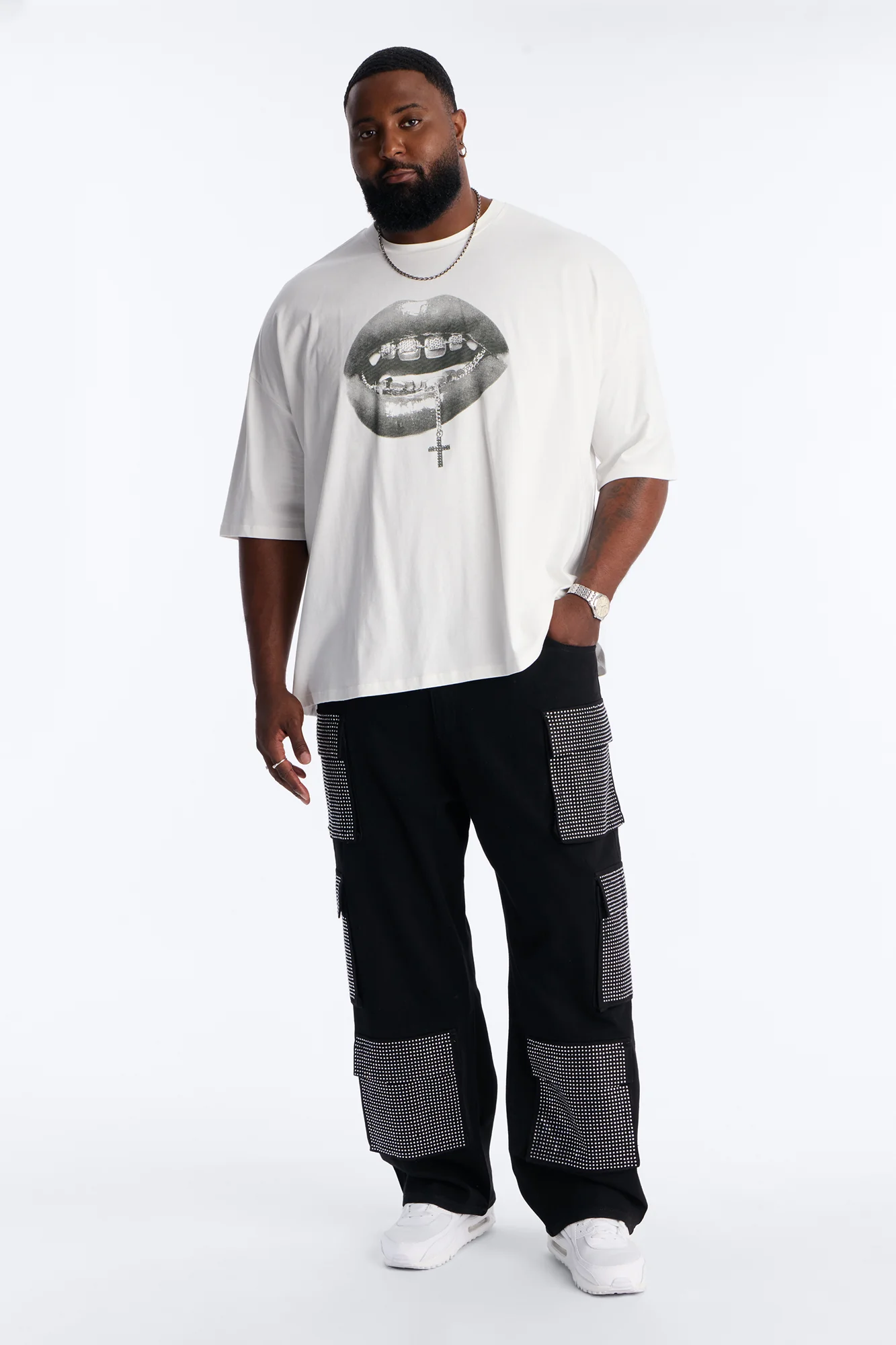 Speak On The Cross Rhinestone Oversized Short Sleeve Tee - White - Image 5