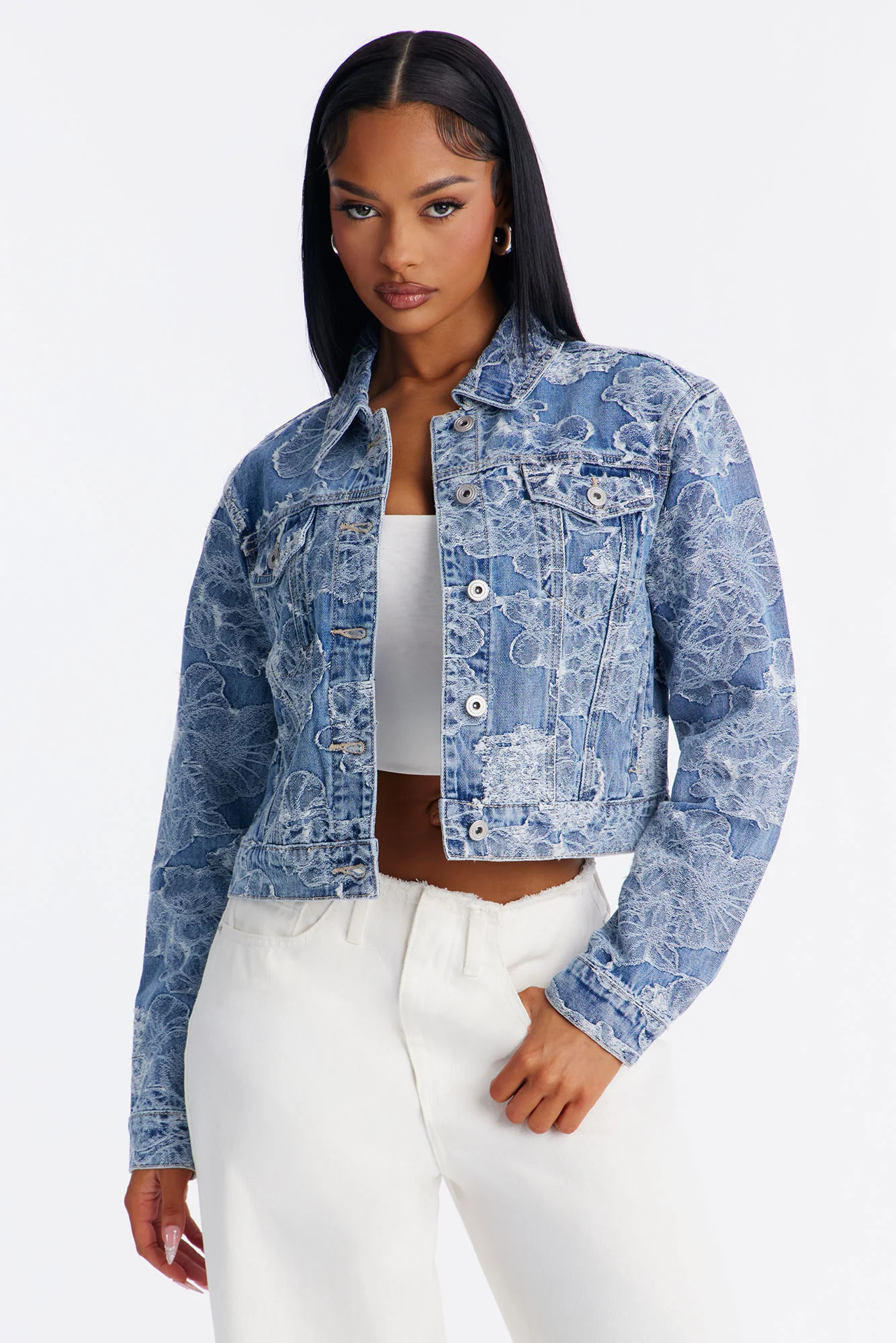 Spring Fling Jacquard Denim Trucker Jacket - Light Wash