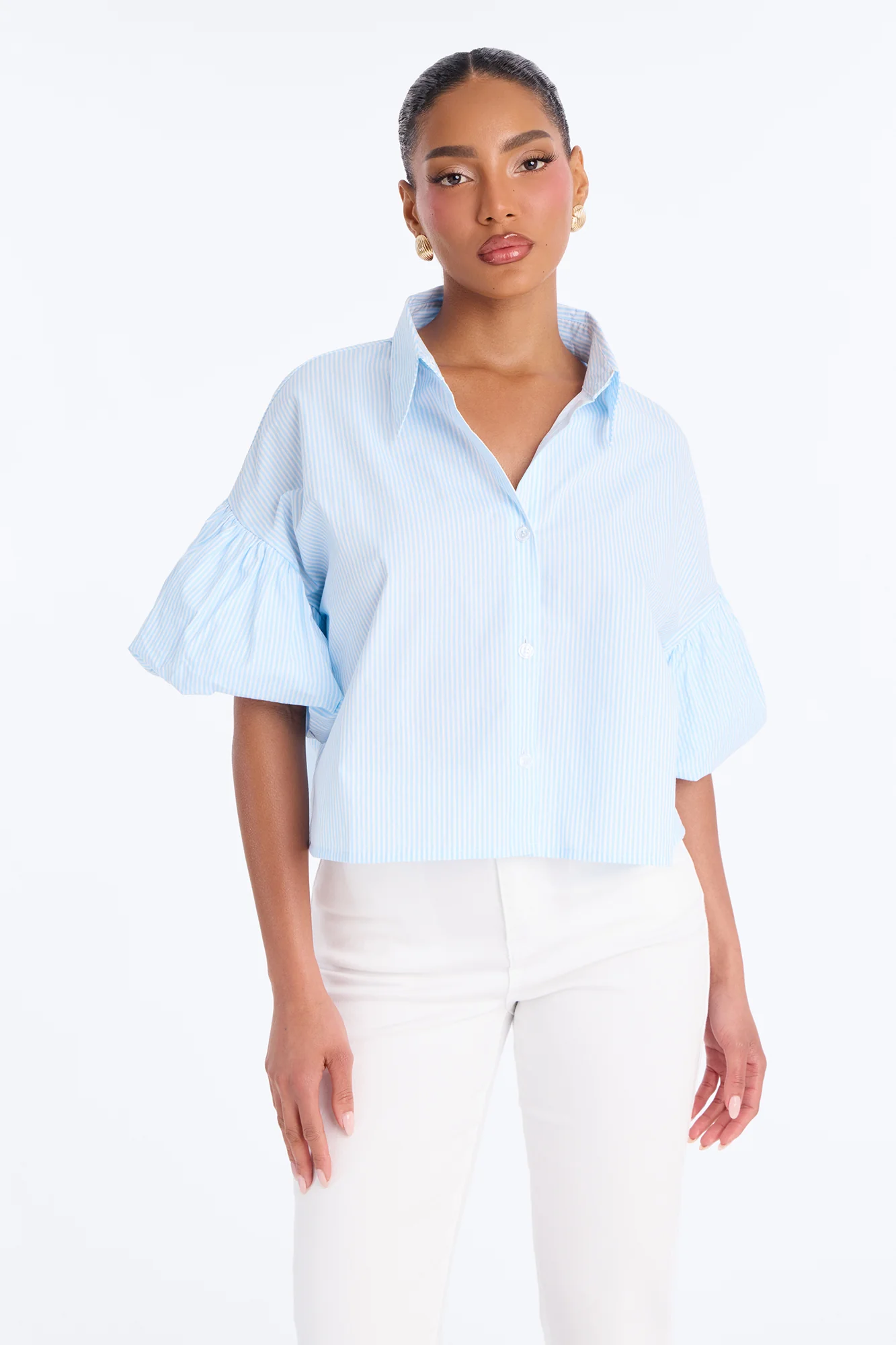 Spring Fling Puff Sleeve Pinstripe Shirt - Blue/combo