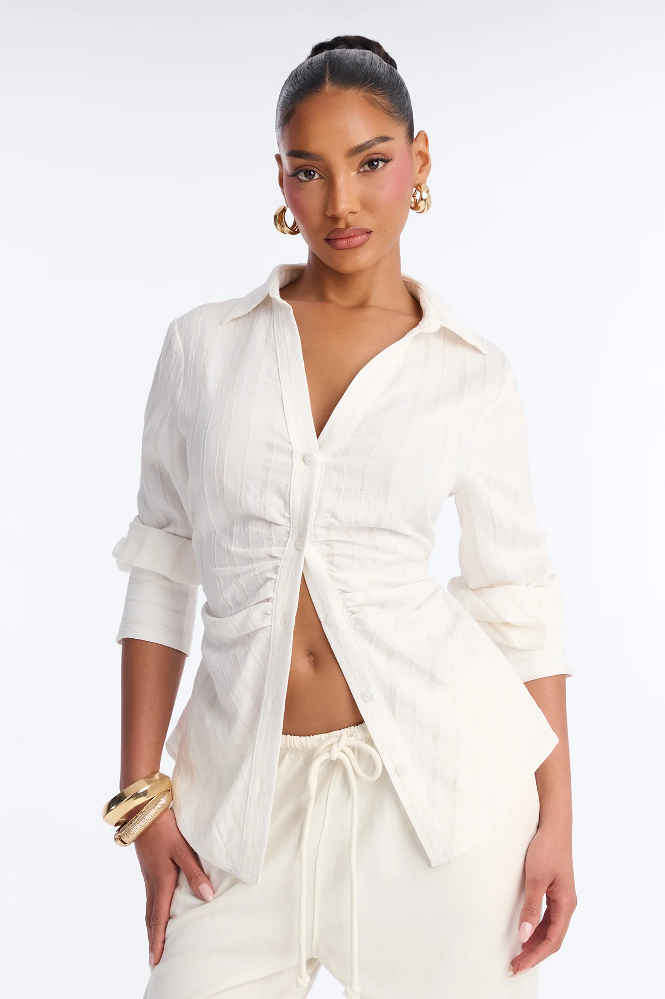 Spring Walks Ruched Linen Shirt - White