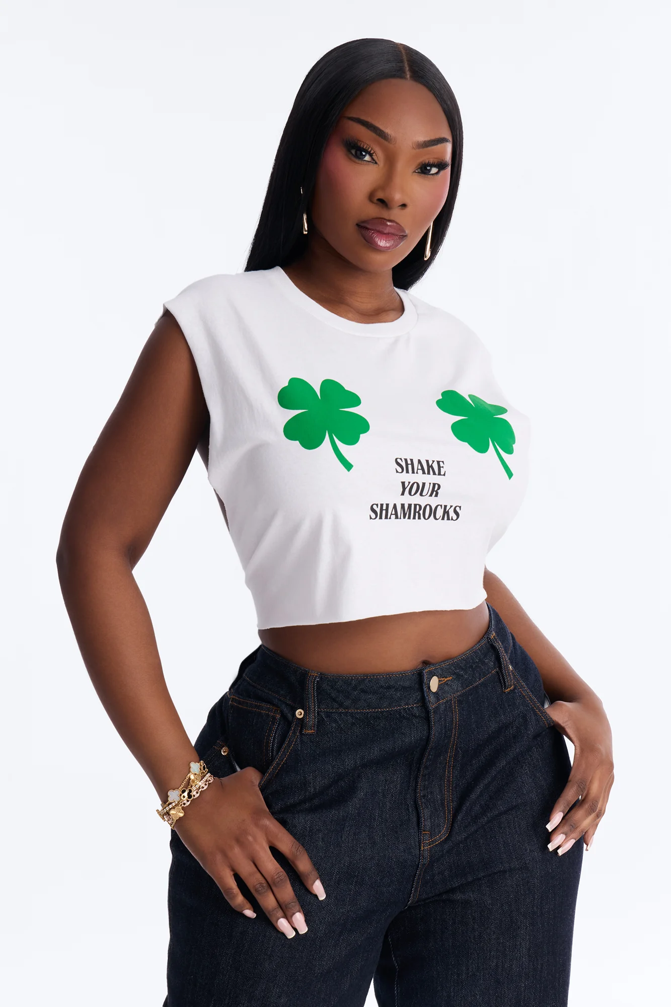 St. Patrick's Day Shake Your Shamrocks Cropped Muscle Tee - White