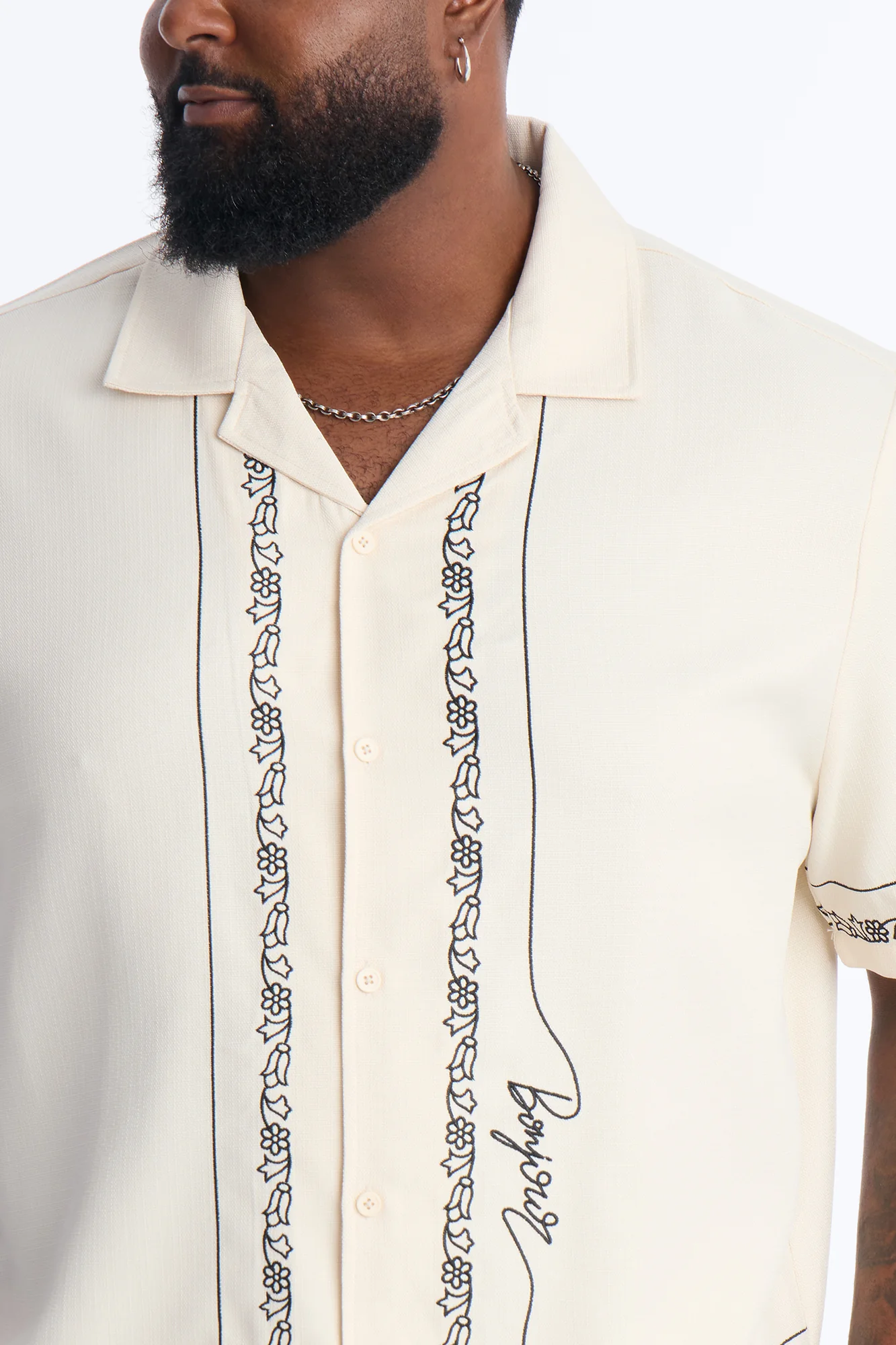 St. Tropez Embroidered Cuban Collar Button Up Shirt - Cream - Image 3