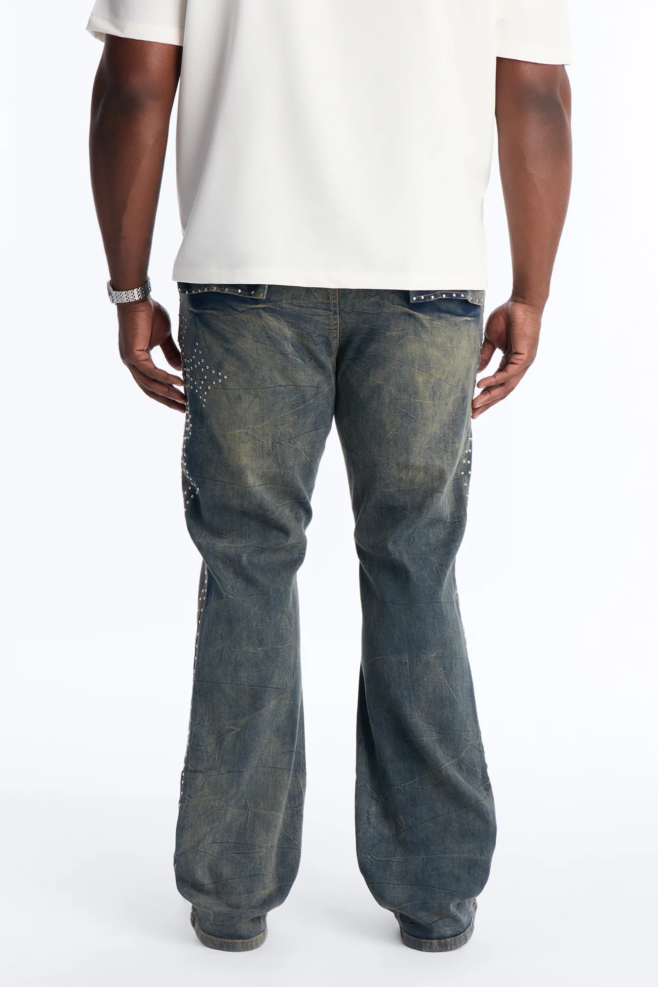 Stacked Skinny Flare Cross By My Side Studded Jeans - Vintage Blue Wash - Image 11