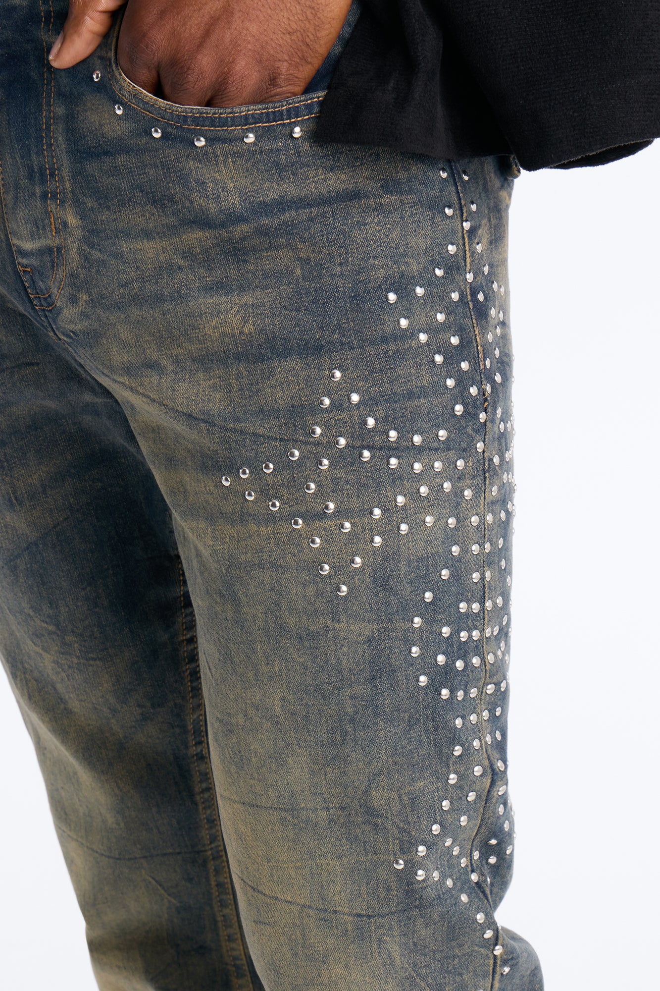 Stacked Skinny Flare Cross By My Side Studded Jeans - Vintage Blue Wash - Image 4