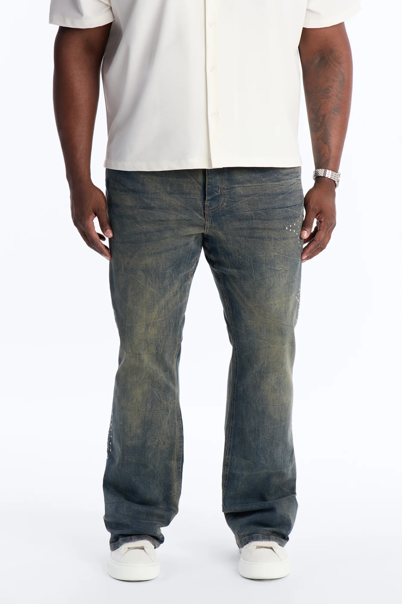 Stacked Skinny Flare Cross By My Side Studded Jeans - Vintage Blue Wash - Image 6