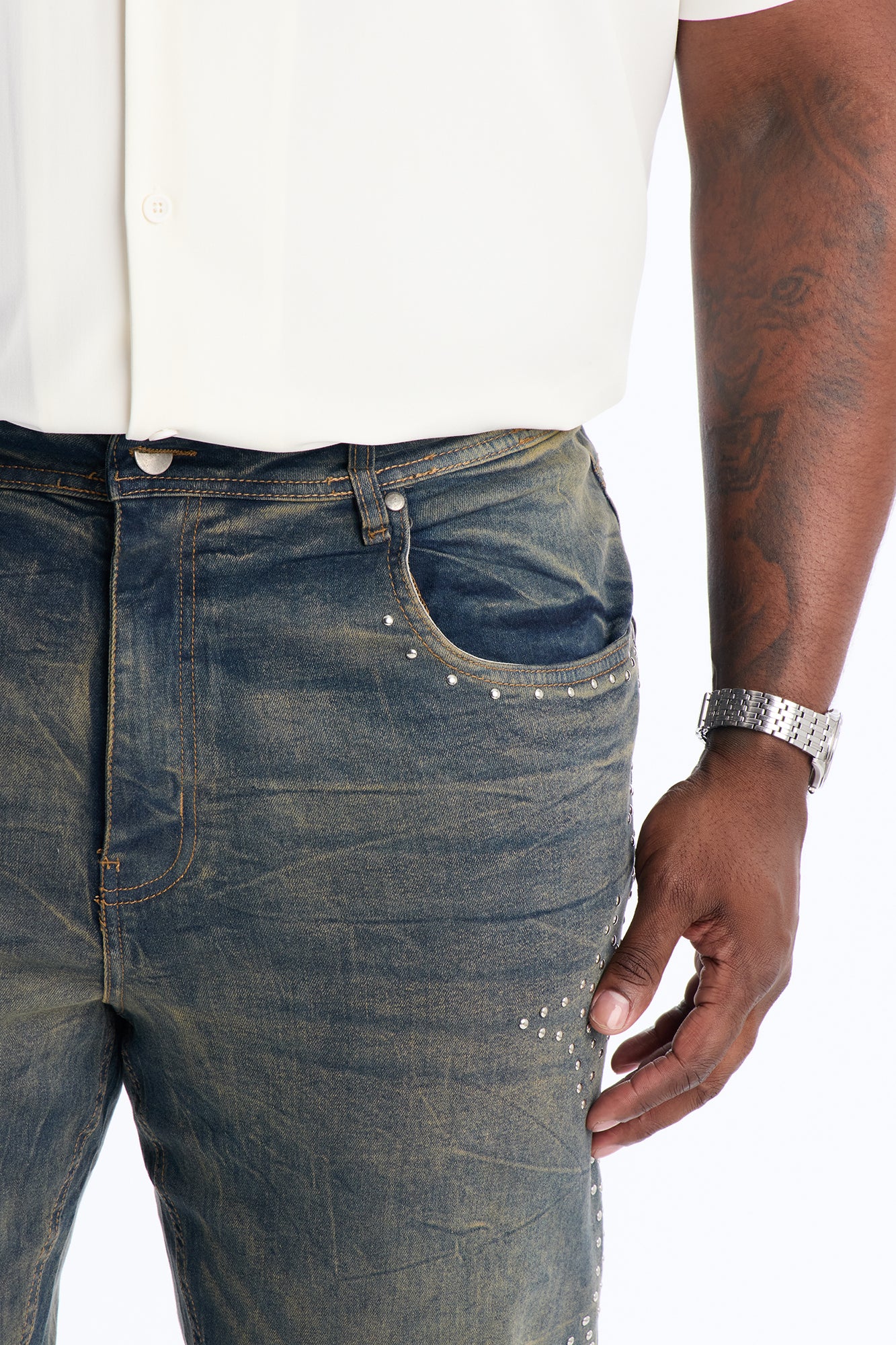 Stacked Skinny Flare Cross By My Side Studded Jeans - Vintage Blue Wash - Image 8