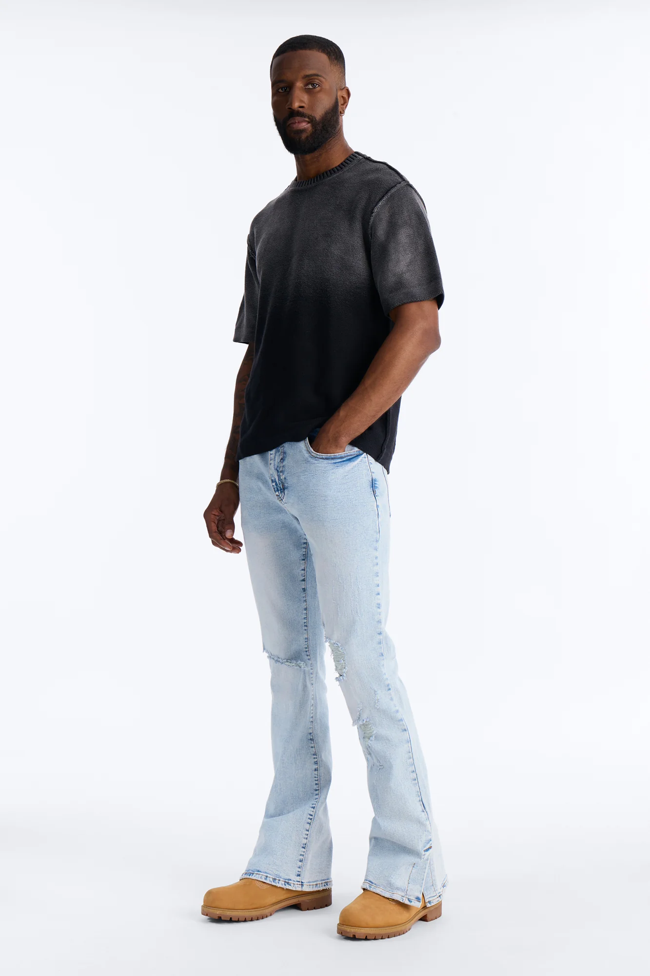 Stacked Skinny Flare Slit Dare Me Distressed Jean - Light Blue Wash - Image 2