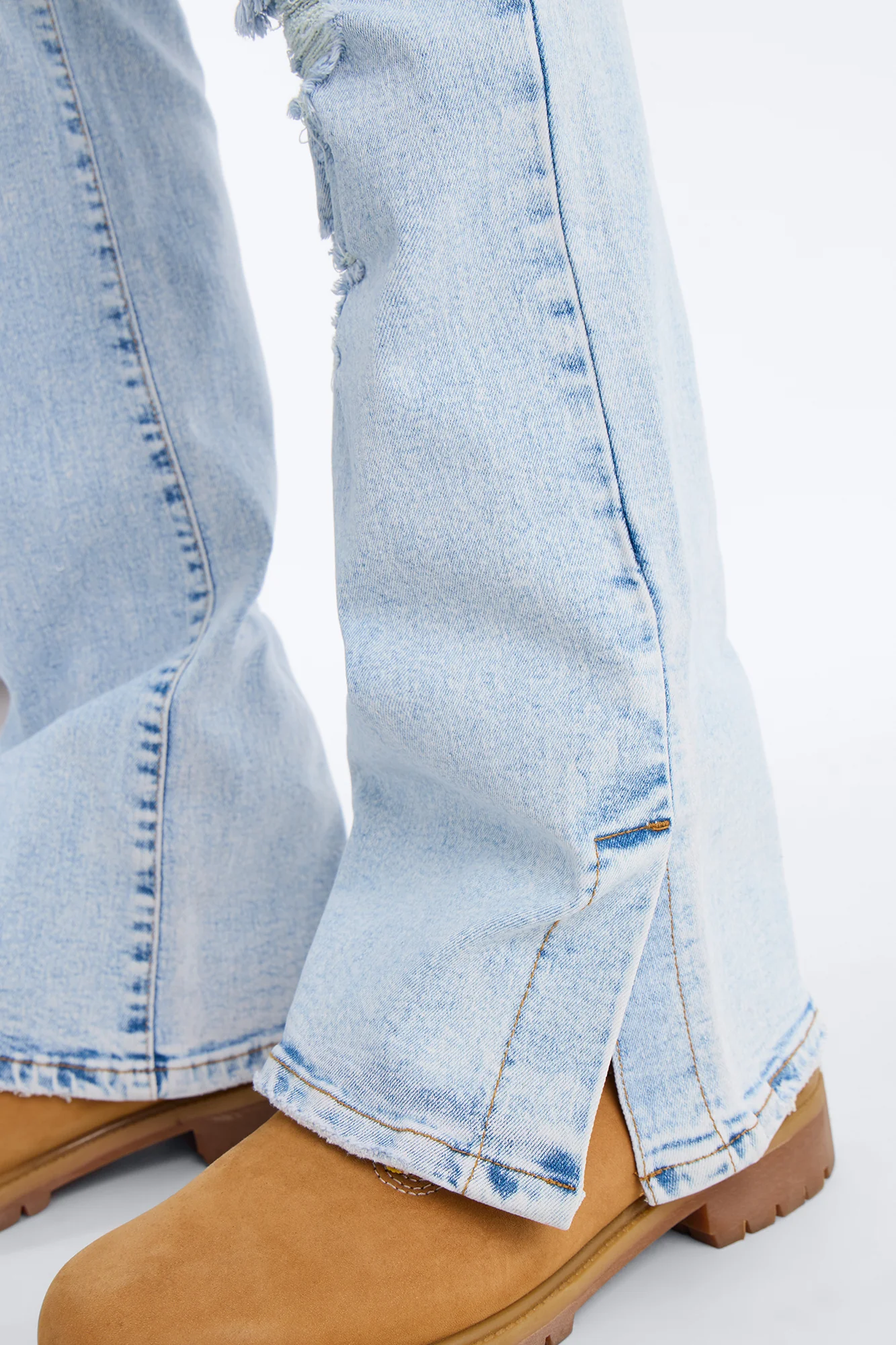 Stacked Skinny Flare Slit Dare Me Distressed Jean - Light Blue Wash - Image 4