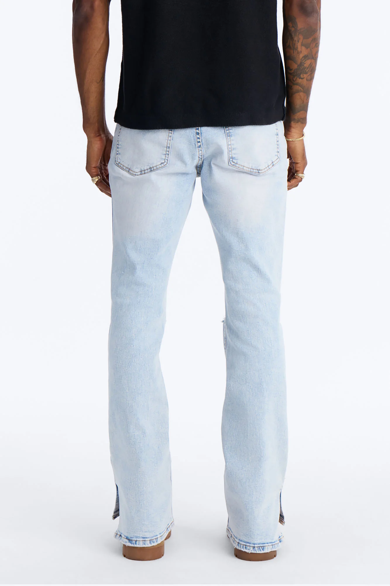 Stacked Skinny Flare Slit Dare Me Distressed Jean - Light Blue Wash - Image 5
