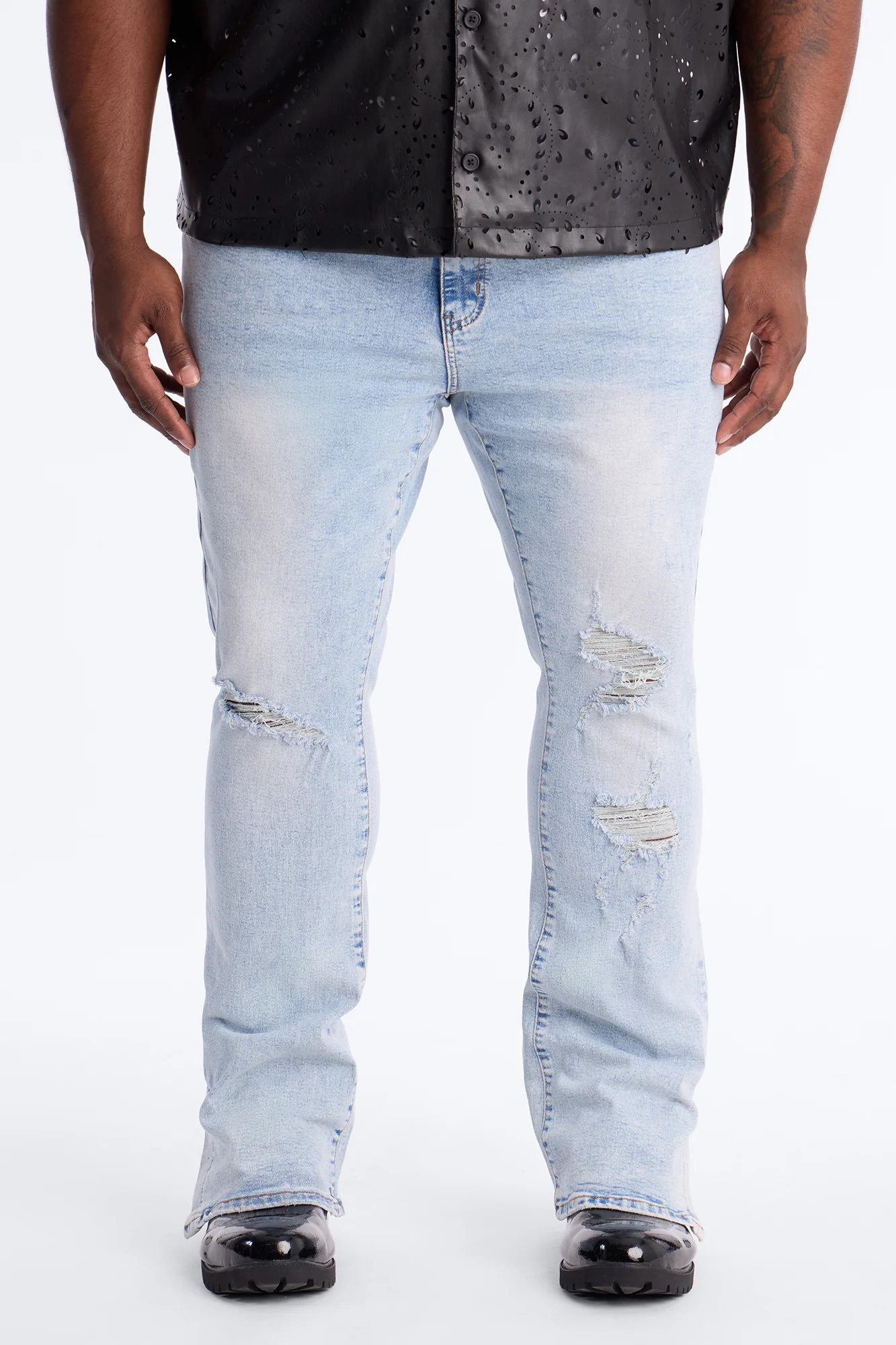 Stacked Skinny Flare Slit Dare Me Distressed Jean - Light Blue Wash - Image 6