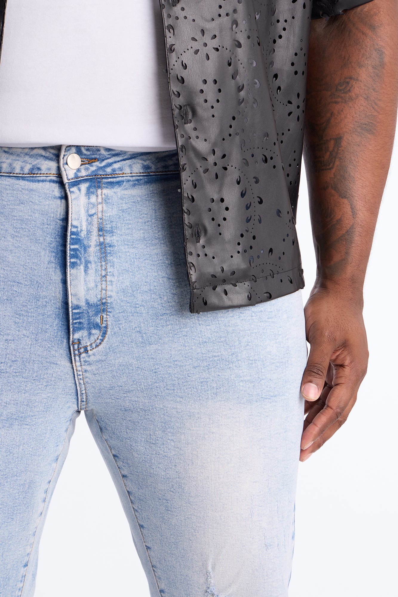 Stacked Skinny Flare Slit Dare Me Distressed Jean - Light Blue Wash - Image 8