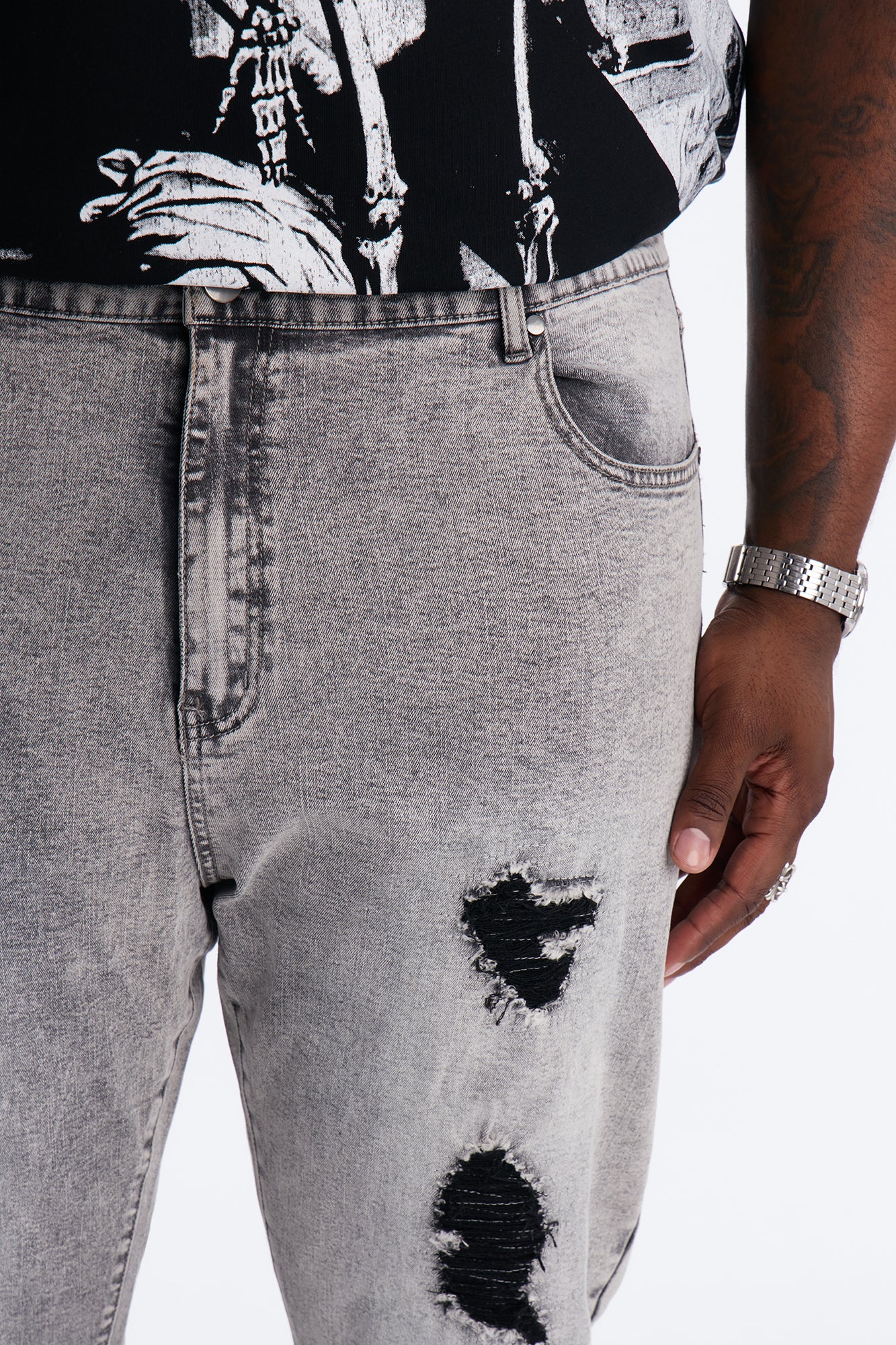 Stacked Skinny Slim Flare Acid Distressed Jeans - Grey - Image 7