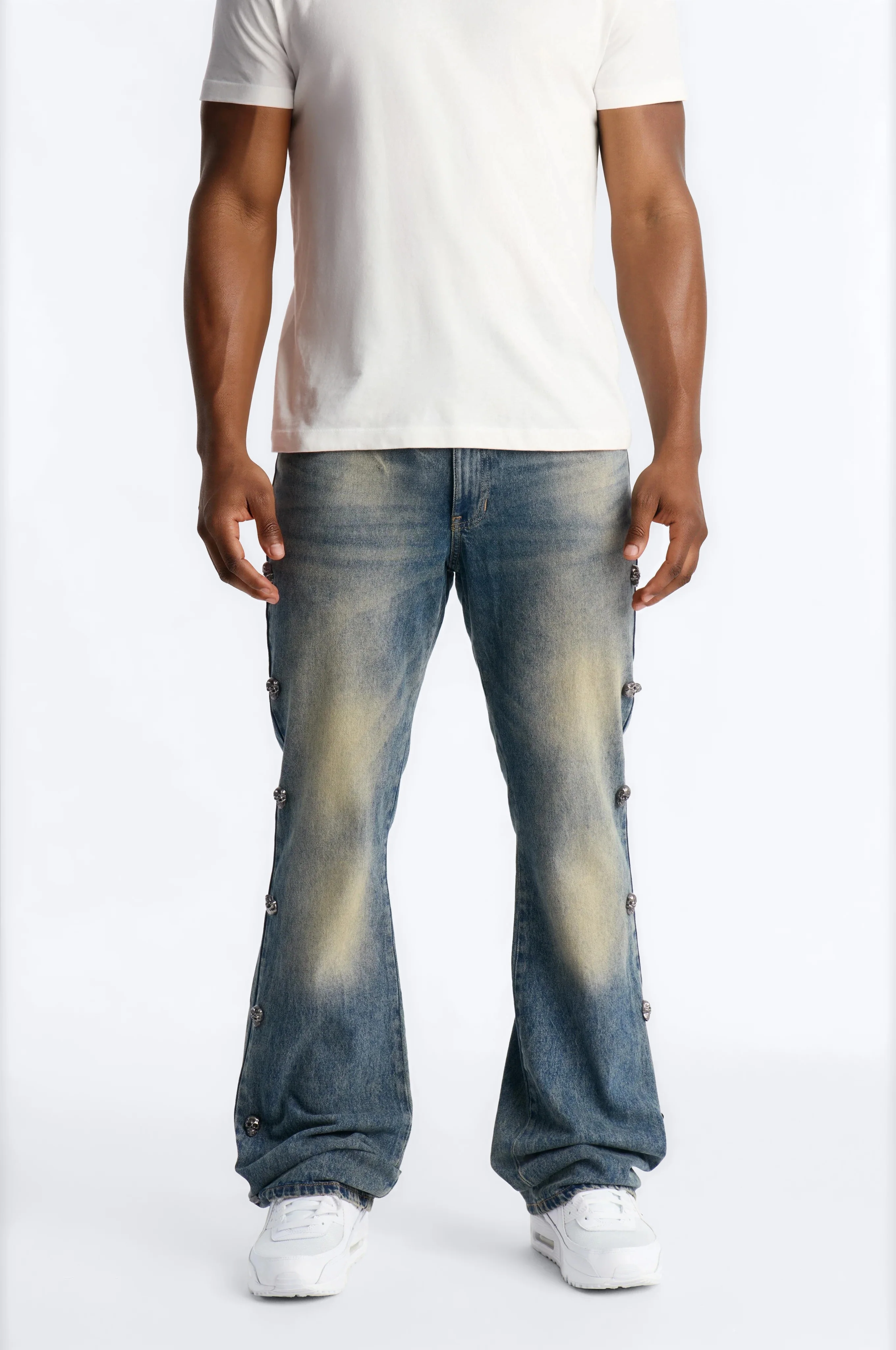 Stacked Slim Flare Chrome Skull Jean - Vintage Wash
