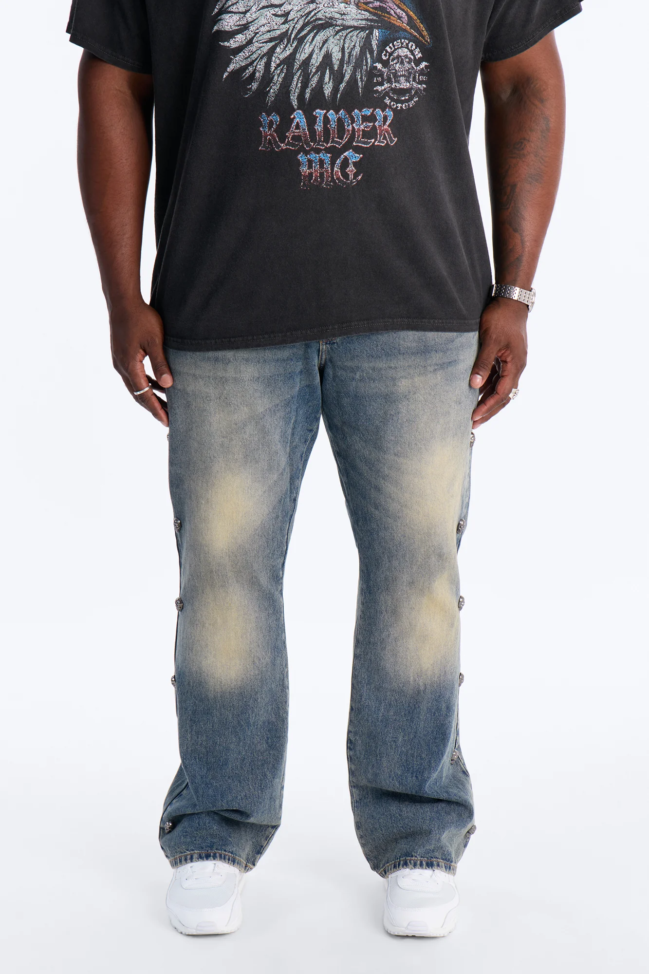 Stacked Slim Flare Chrome Skull Jean - Vintage Wash - Image 5