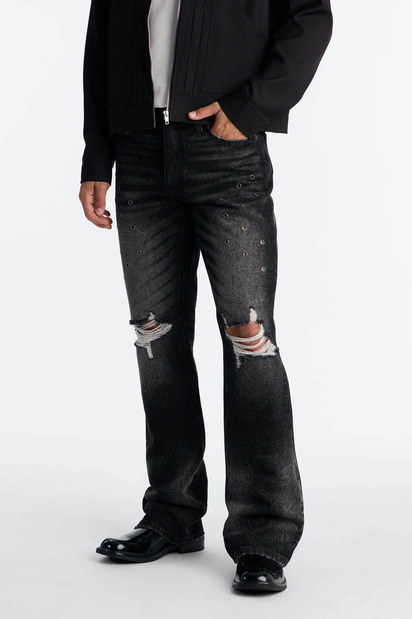 Stacked Slim Flare Looking Out Distressed Grommet Jean - Black Wash