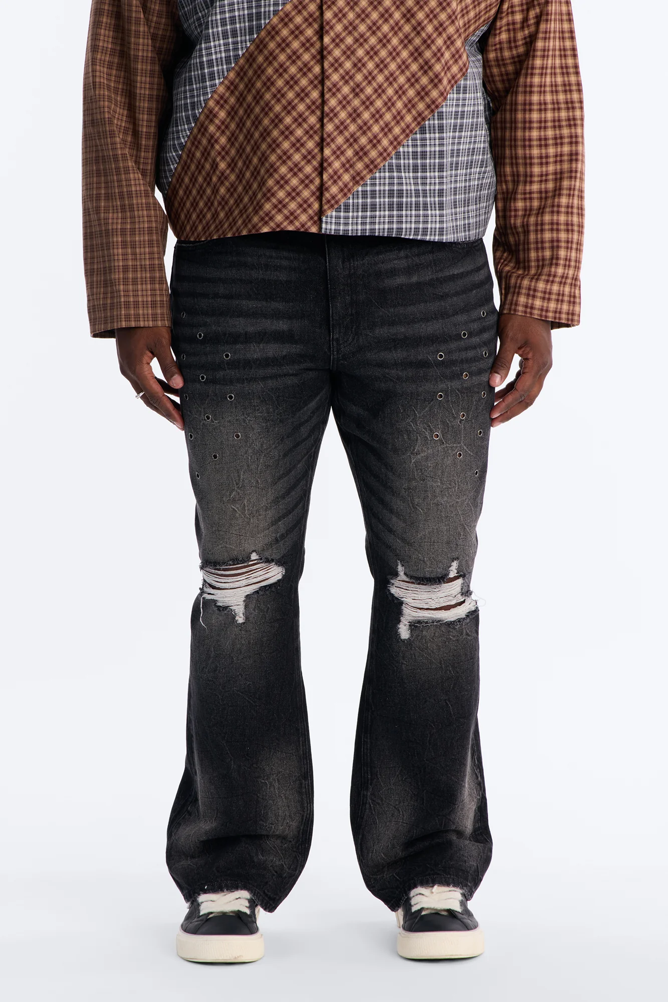 Stacked Slim Flare Looking Out Distressed Grommet Jean - Black Wash - Image 5