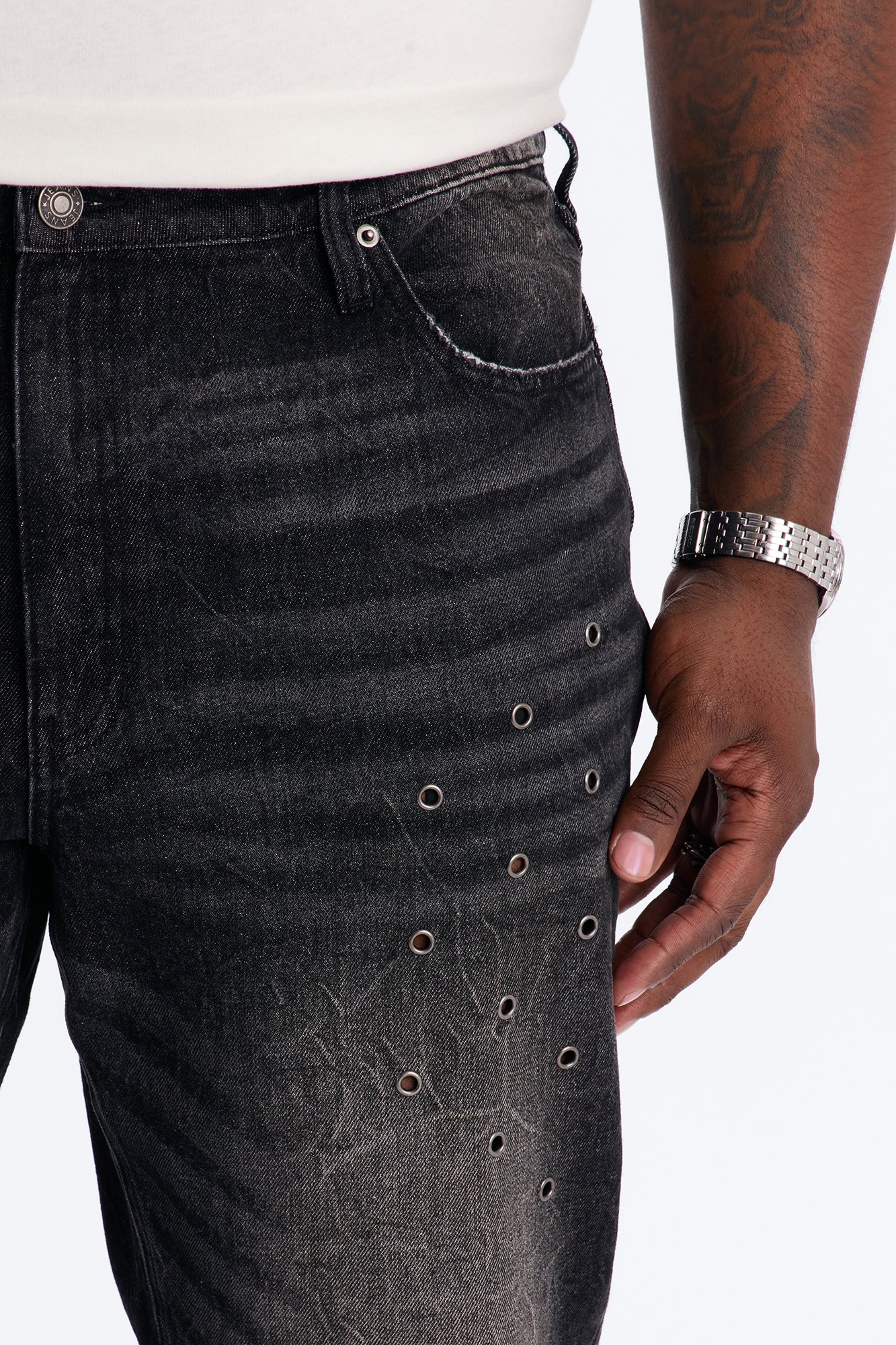 Stacked Slim Flare Looking Out Distressed Grommet Jean - Black Wash - Image 7