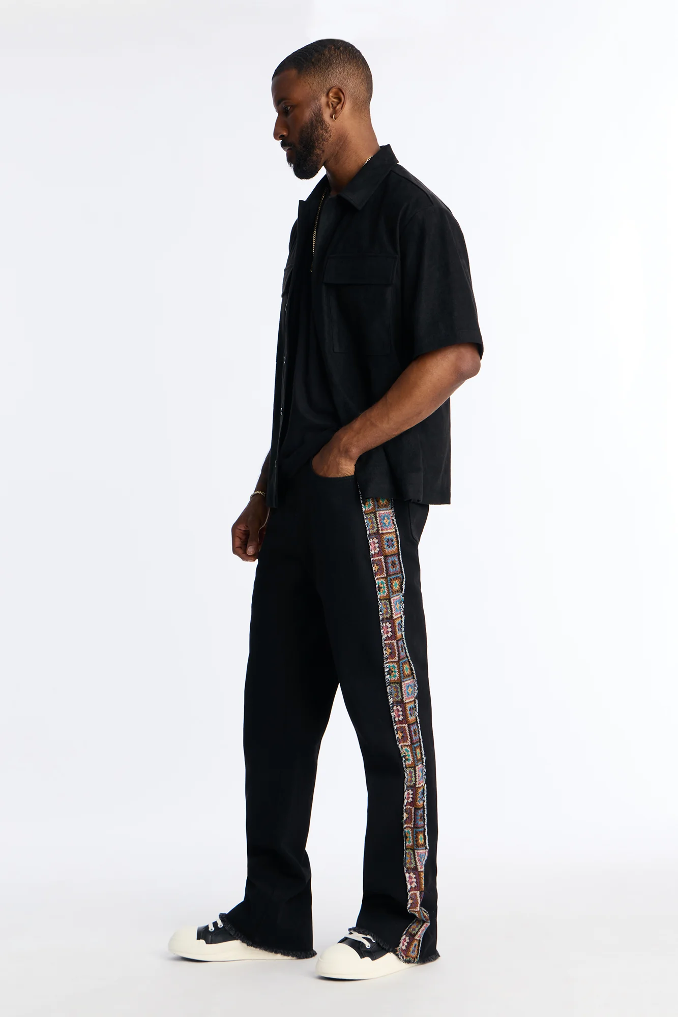 Stacked Slim Flare Split Tapestry Jeans - Black - Image 3