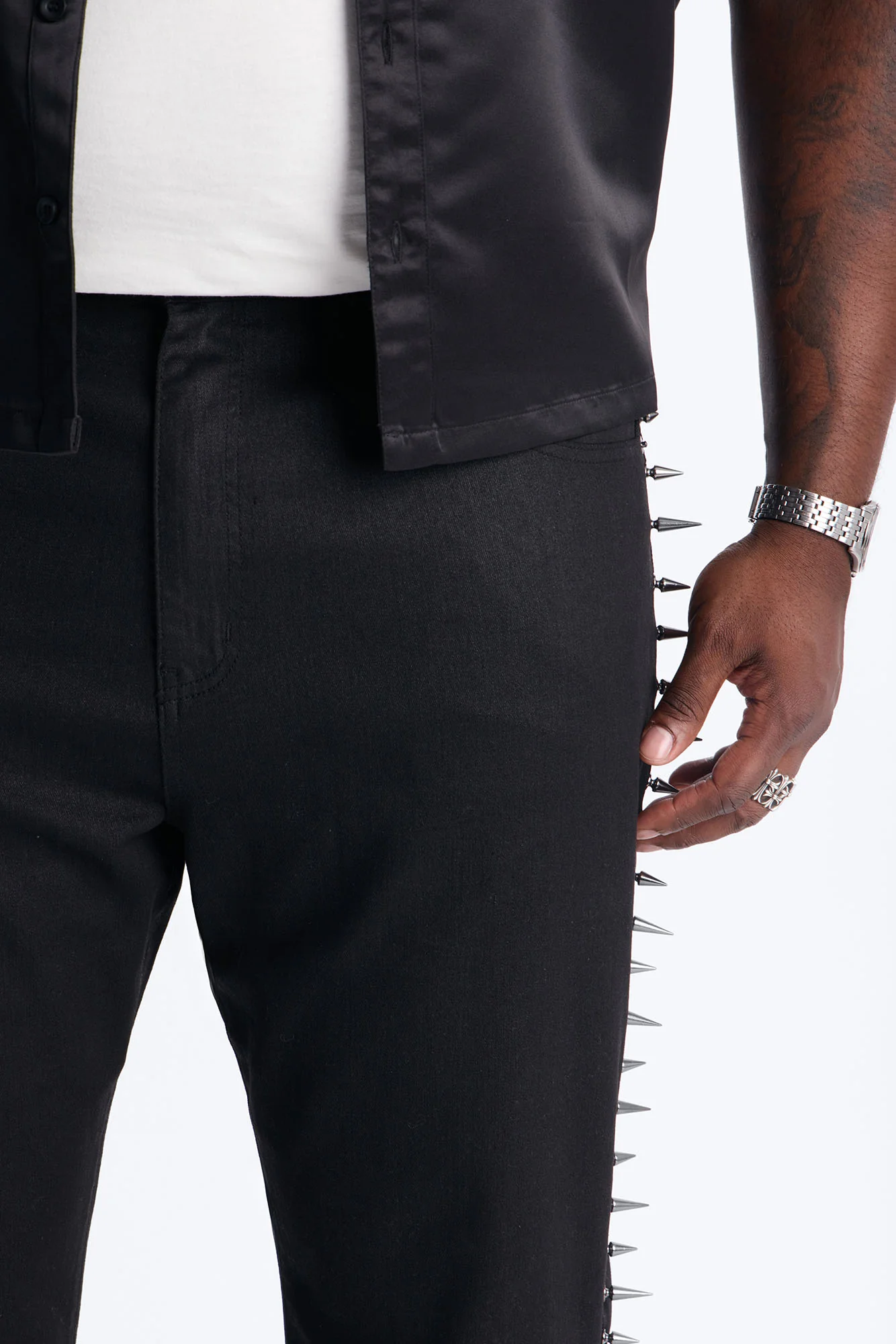 Stacked Slim Flare Waxed Cyber Spike Jean - Black - Image 8