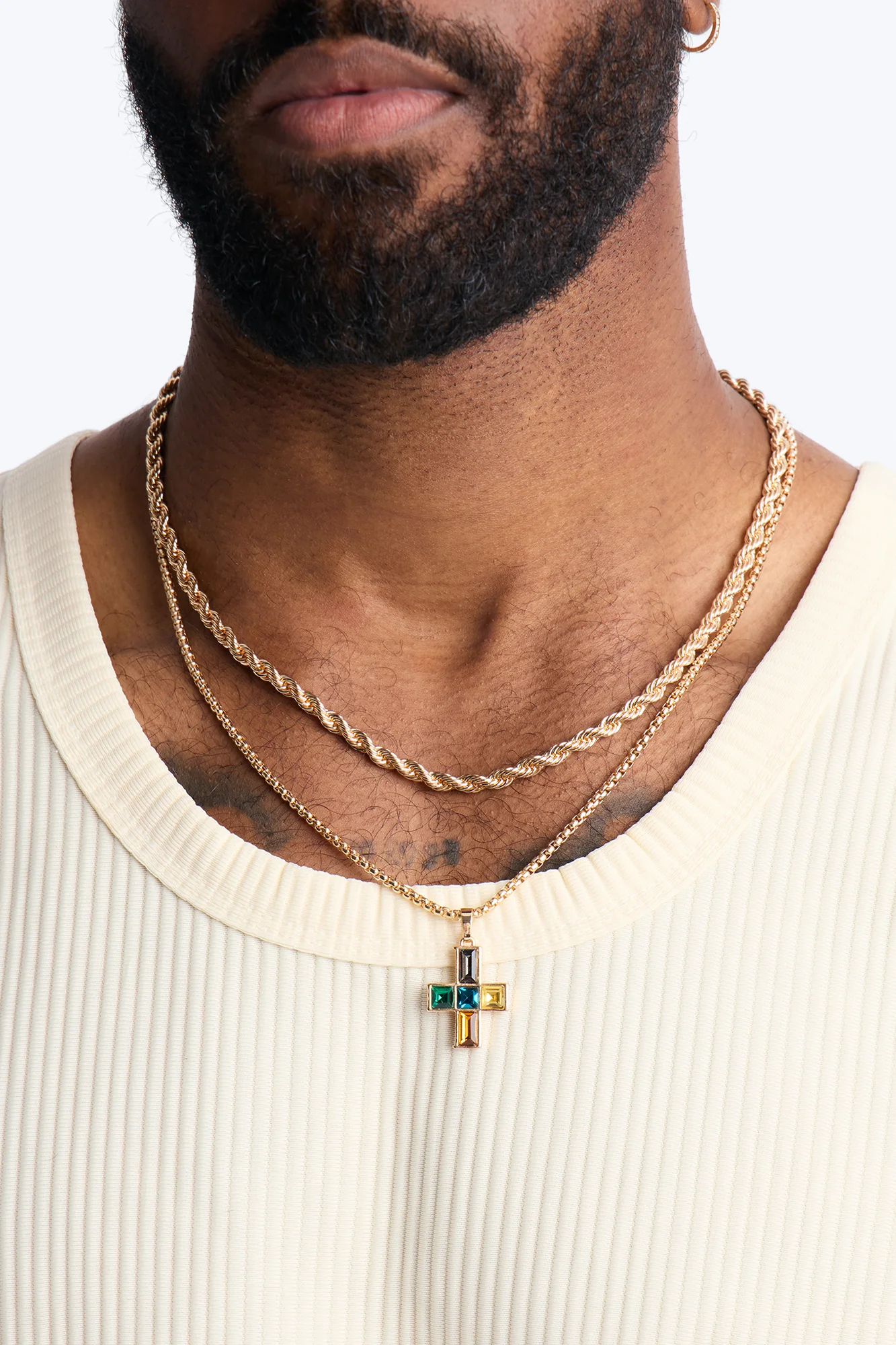 Stained Glass Cross Chain Necklace Set - Gold