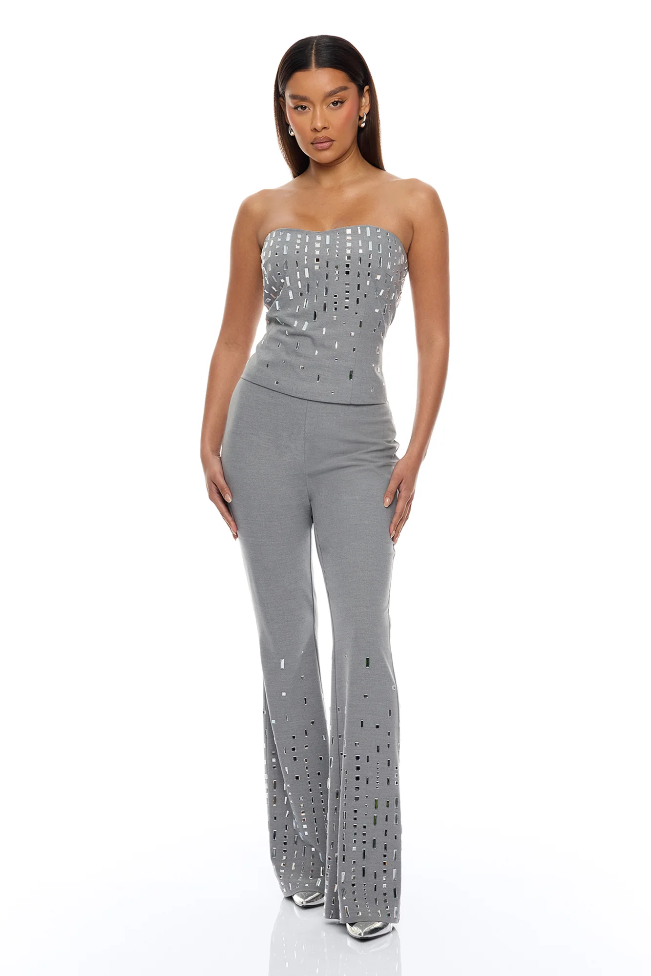 Standout Moment Rhinestone Pant Set - Grey