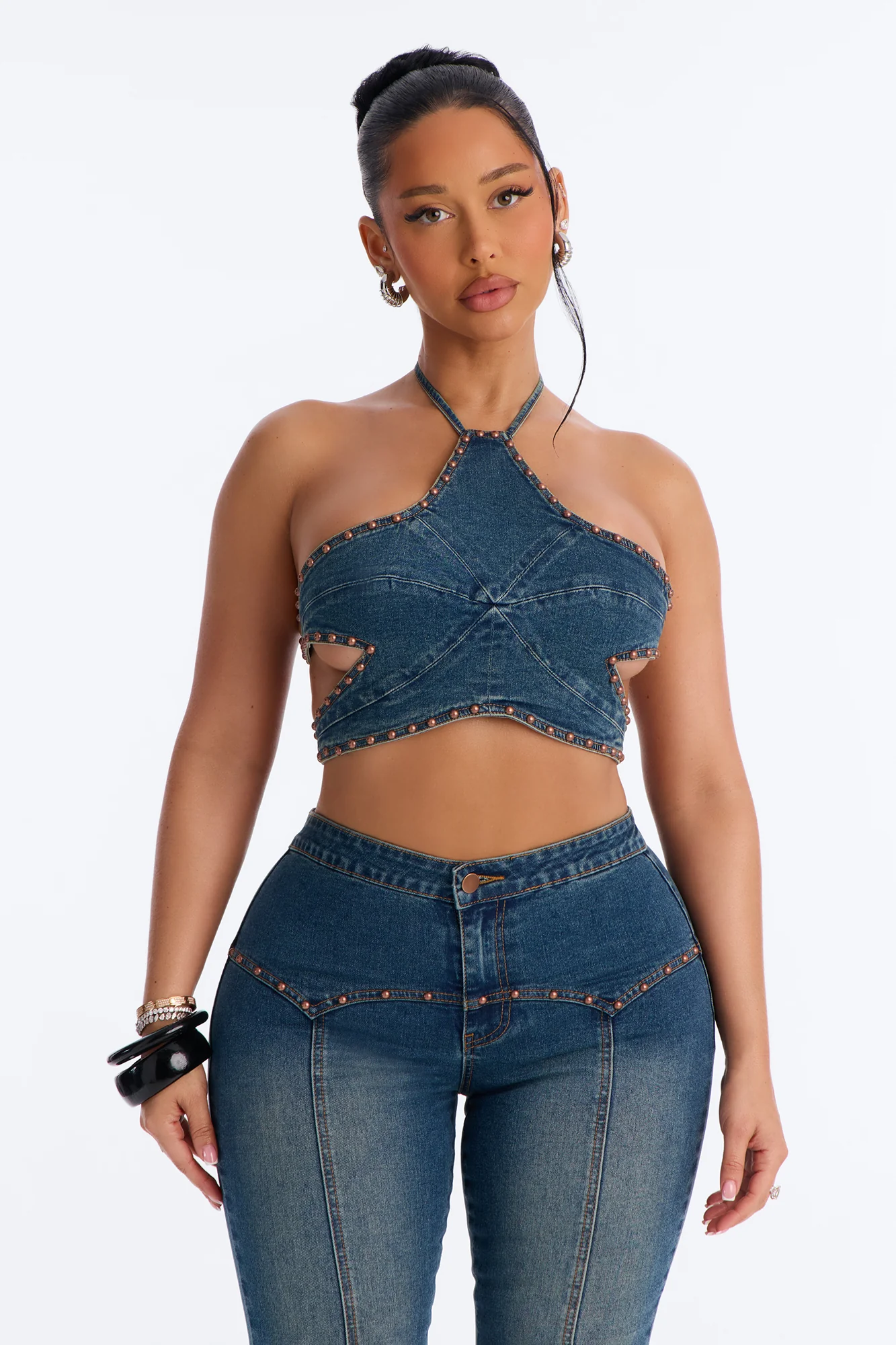 Star Girl Studded Denim Capri Set - Medium Wash - Image 2