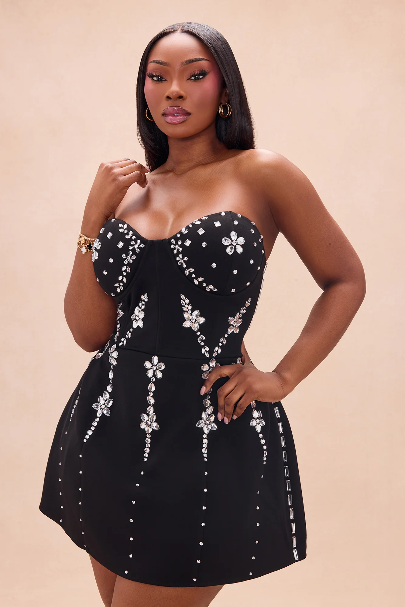 Star Of The Show Rhinestone Mini Dress - Black - Image 6