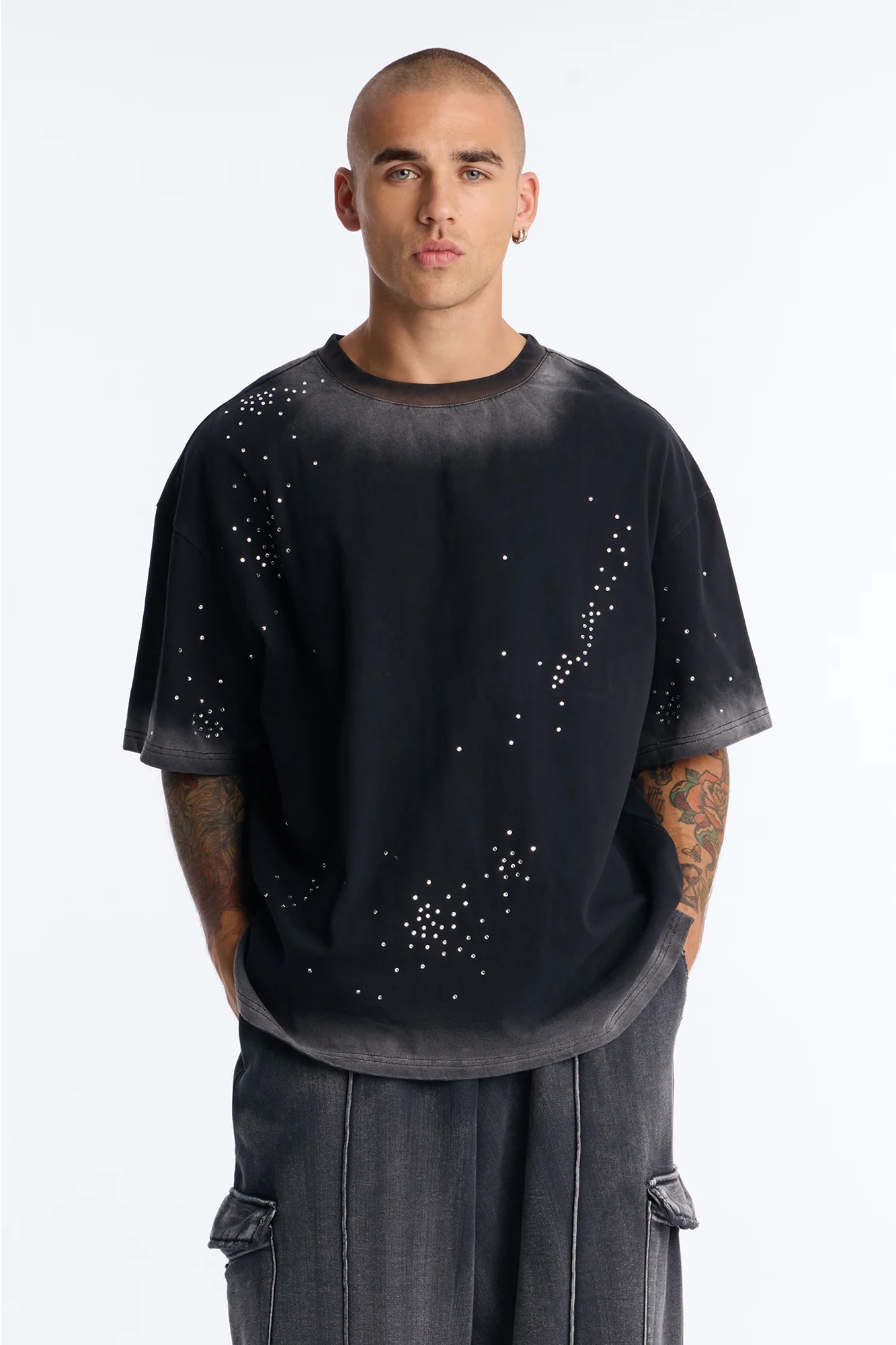 Stardust Dissolved Wash Rhinestone Tee - Black Wash