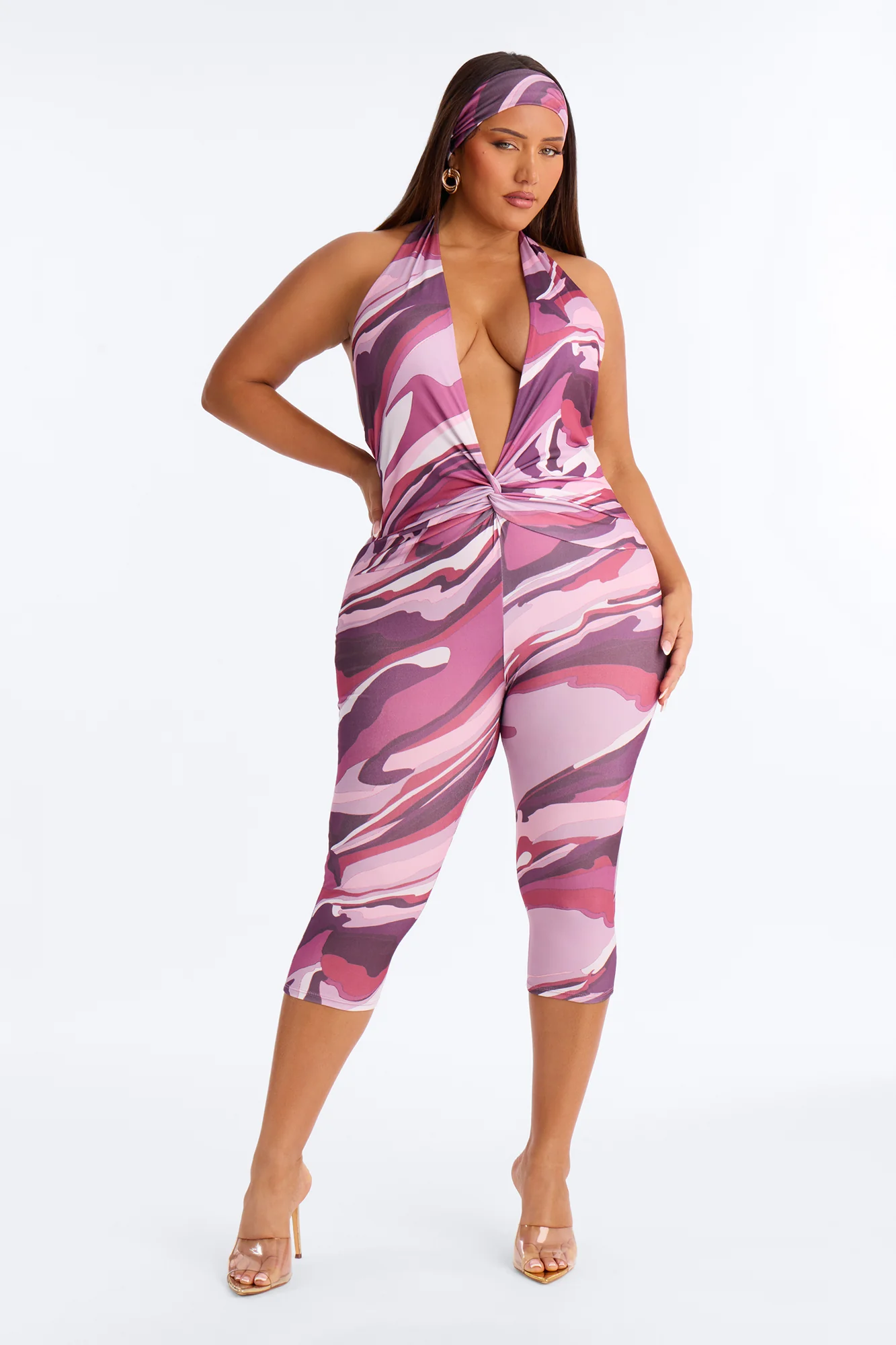 Starla Plunge 2 Piece Capri Jumpsuit - Pink - Image 5