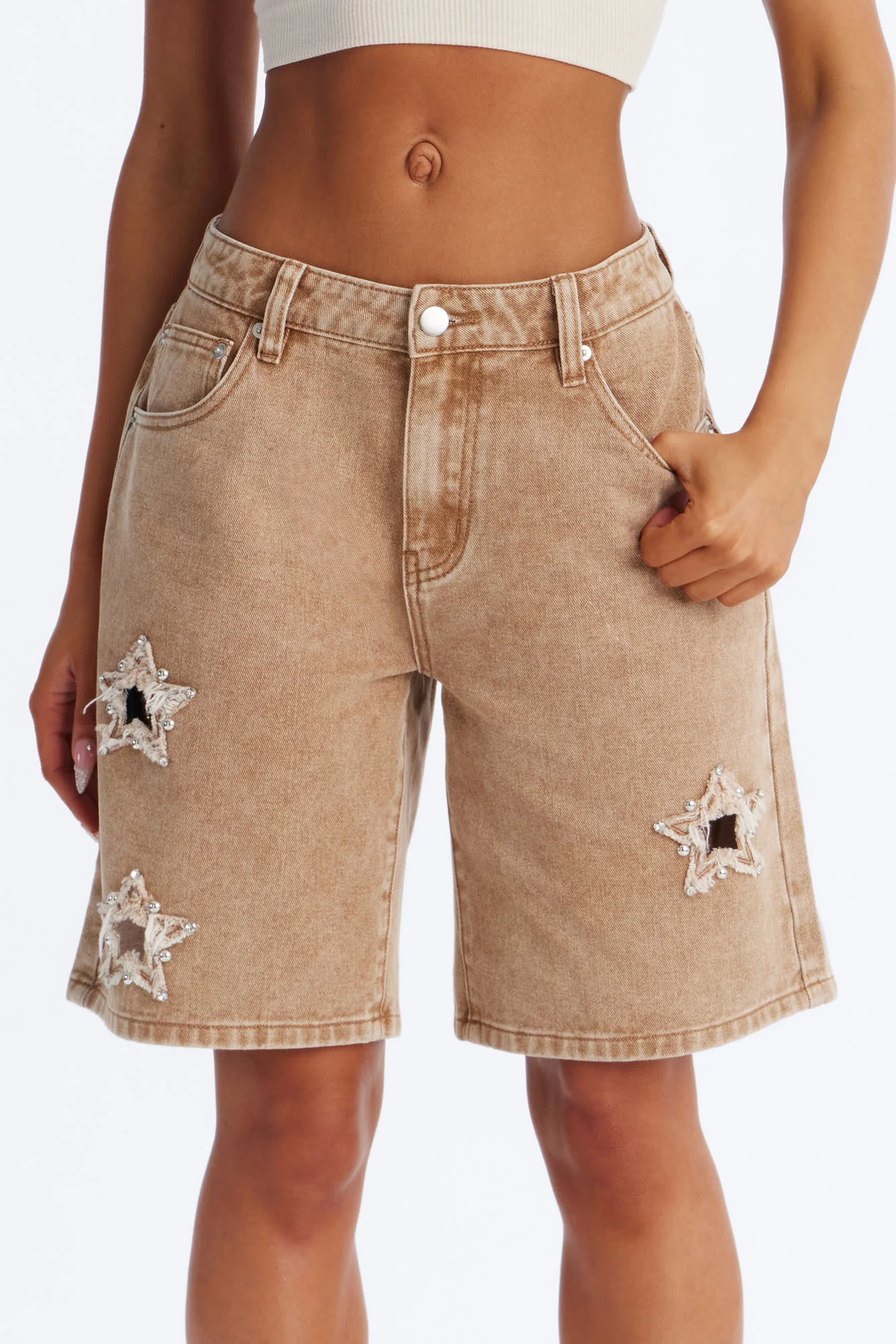 Starry Eyes Embellished Denim Shorts - Brown